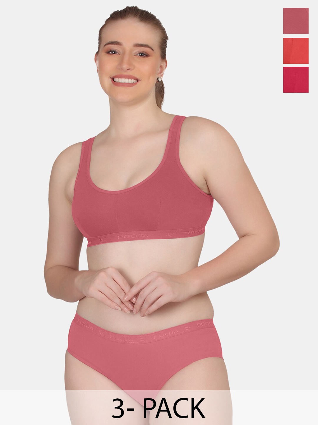 

POOJA RAGENEE Pack Of 3 Solid Lingerie Set, Coral