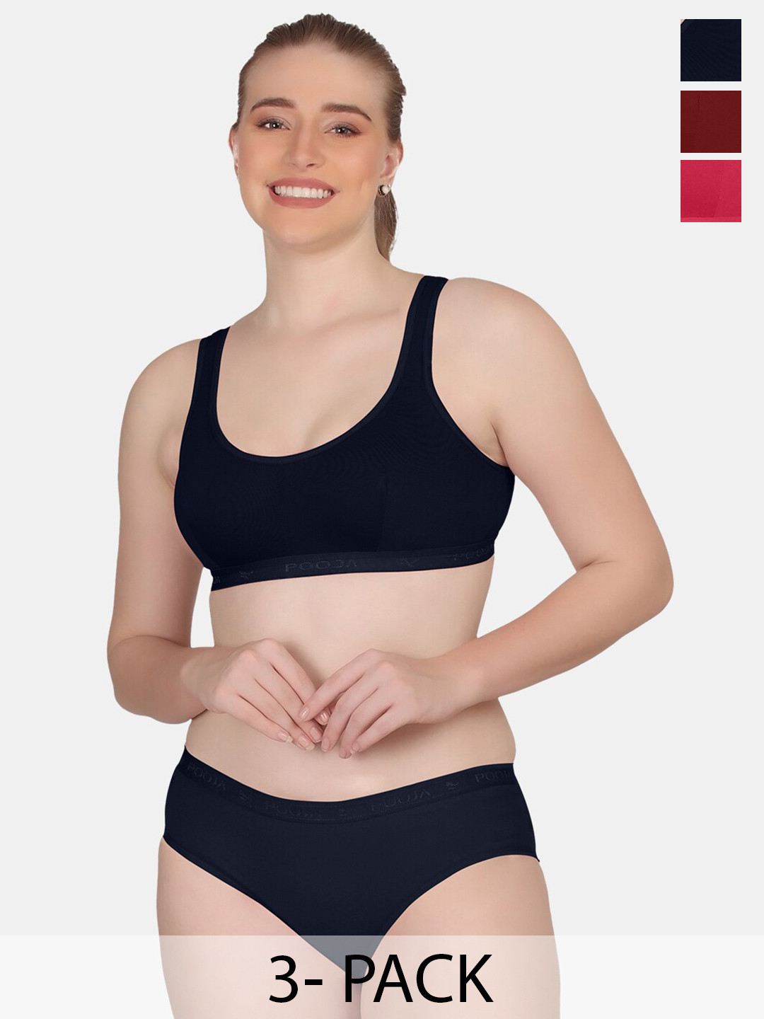 

POOJA RAGENEE Pack Of 3 Solid Lingerie Set, Magenta