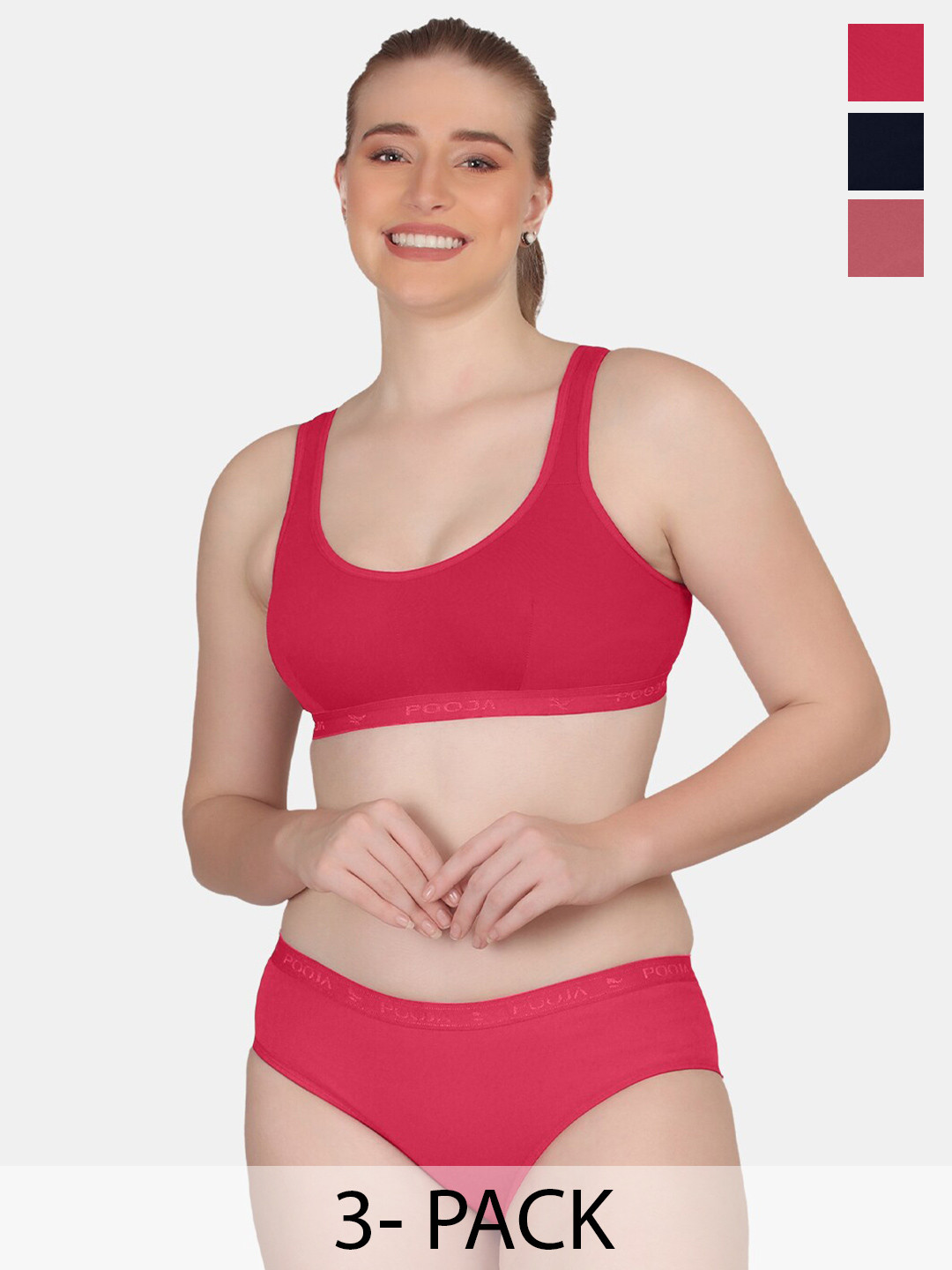 

POOJA RAGENEE Pack Of 3 Solid Lingerie Set, Pink