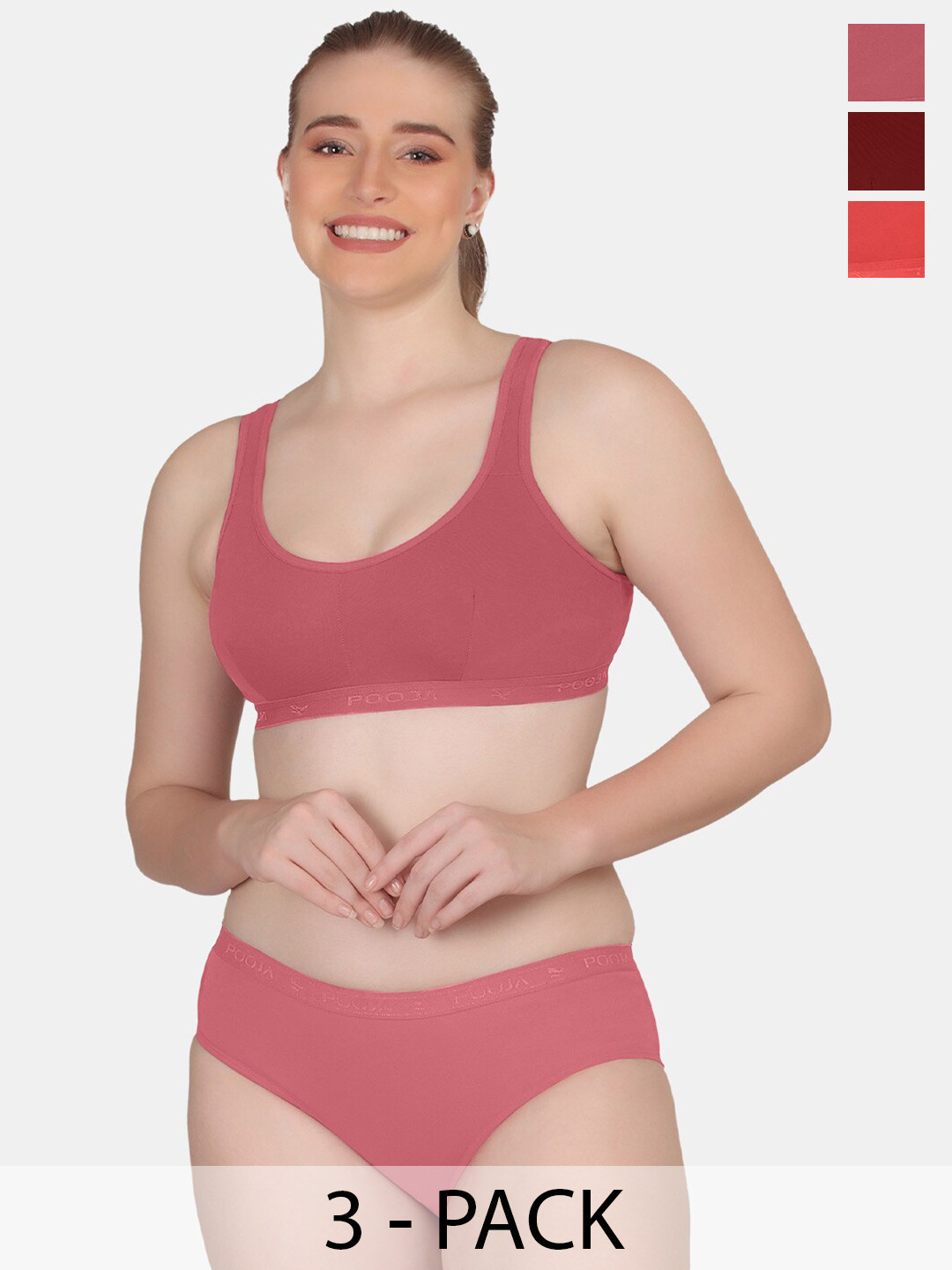 

POOJA RAGENEE Pack Of 3 Solid Lingerie Set, Maroon