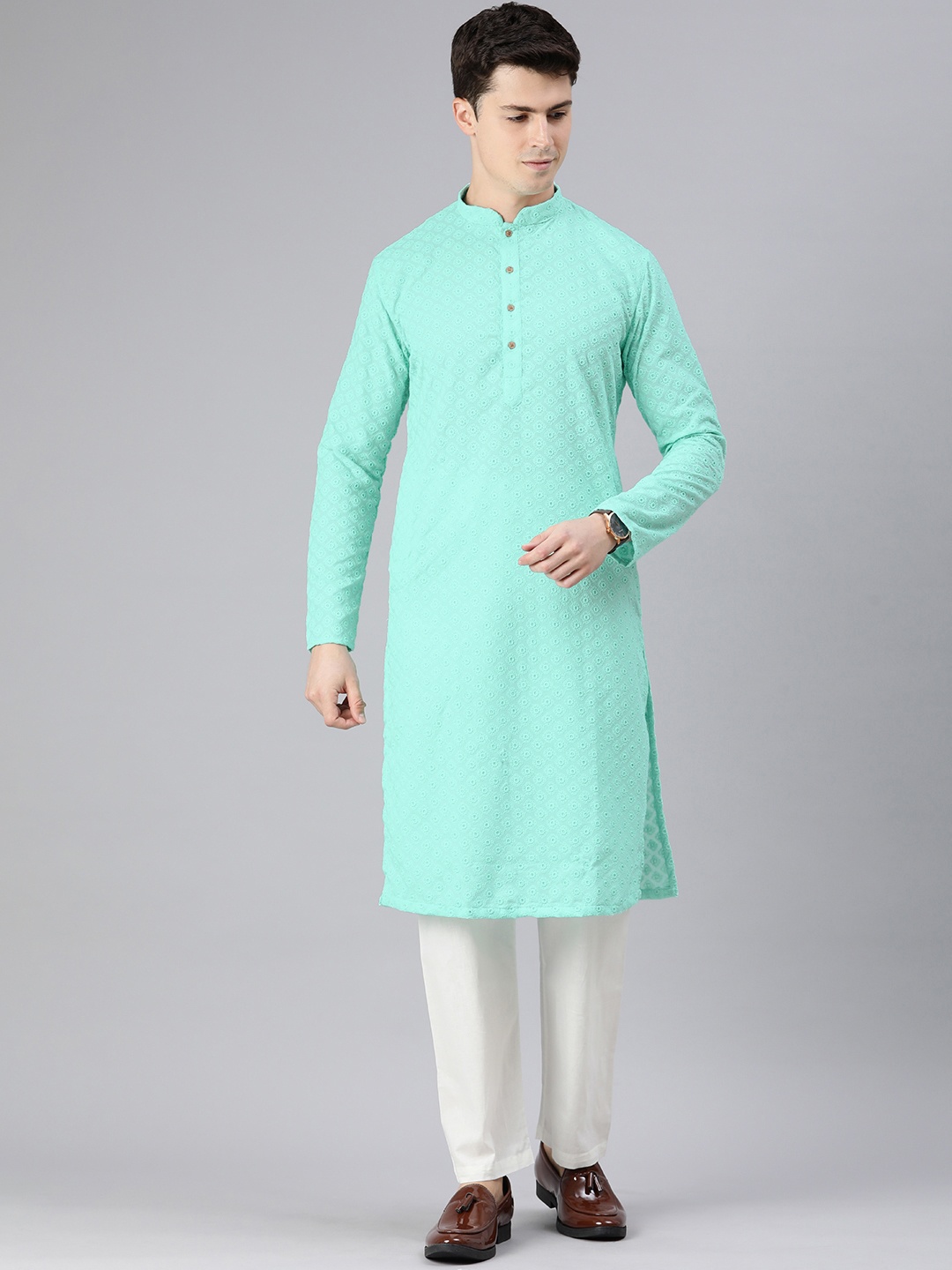 

Manthan Men Embroidered Thread Work Kurta with Pyjamas, Sea green
