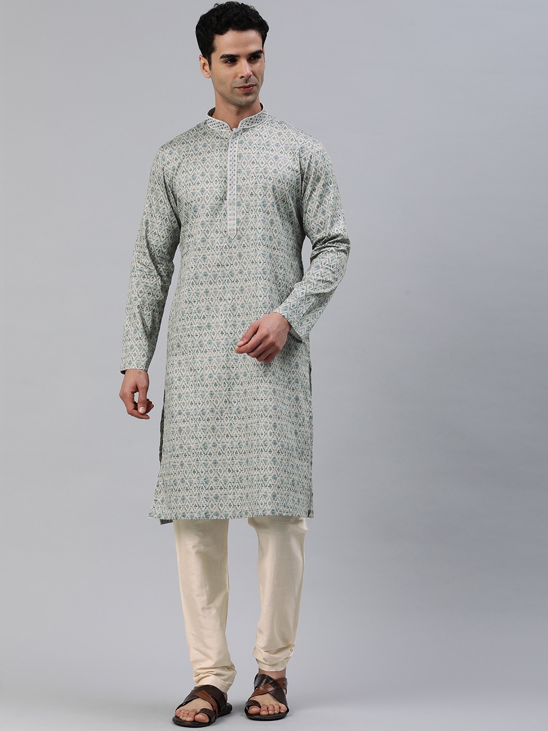 

Manthan Men Geometric Printed Kurta with Pyjamas, Grey