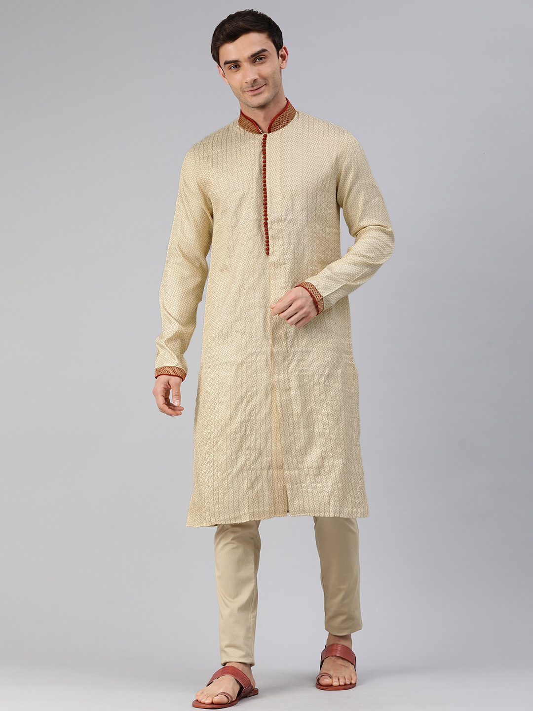 

Manthan Men Woven Design Kantha Work Kurta, Beige