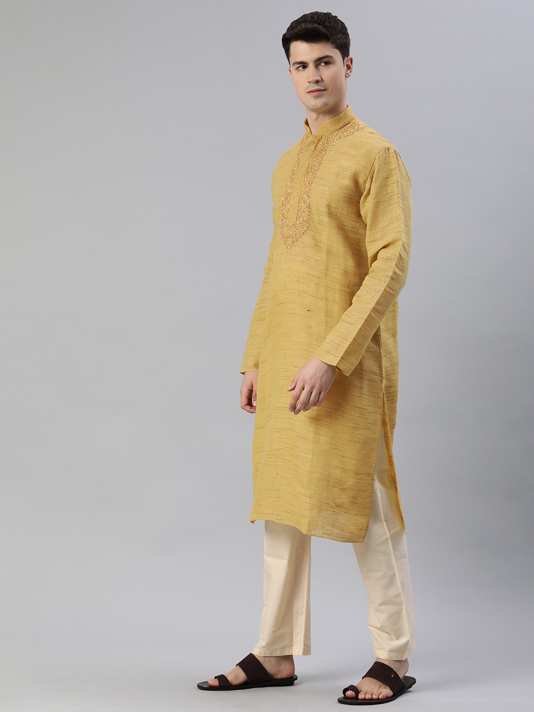 

Manthan Men Woven Design Thread Work Kurta, Yellow