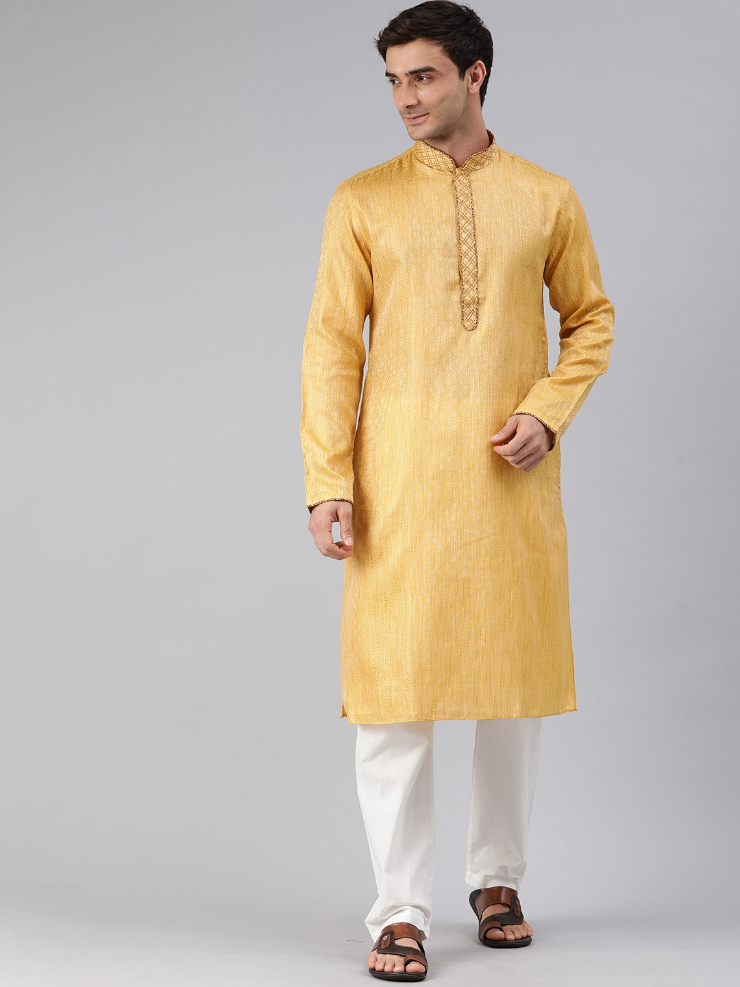 

Manthan Men Woven Design Thread Work Kurta, Yellow
