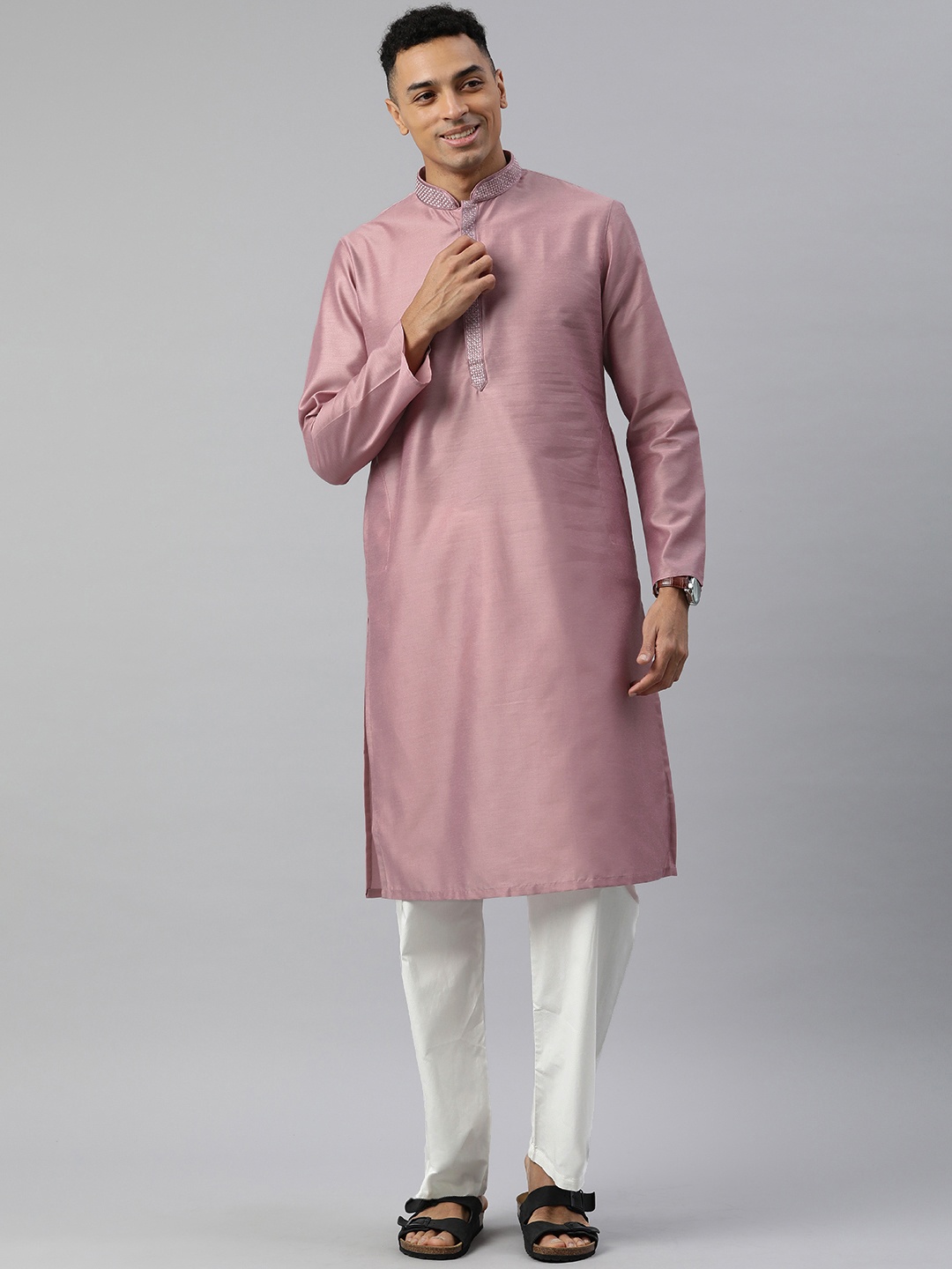 

Manthan Men Solid Regular Thread Work Kurta with Pyjamas, Pink