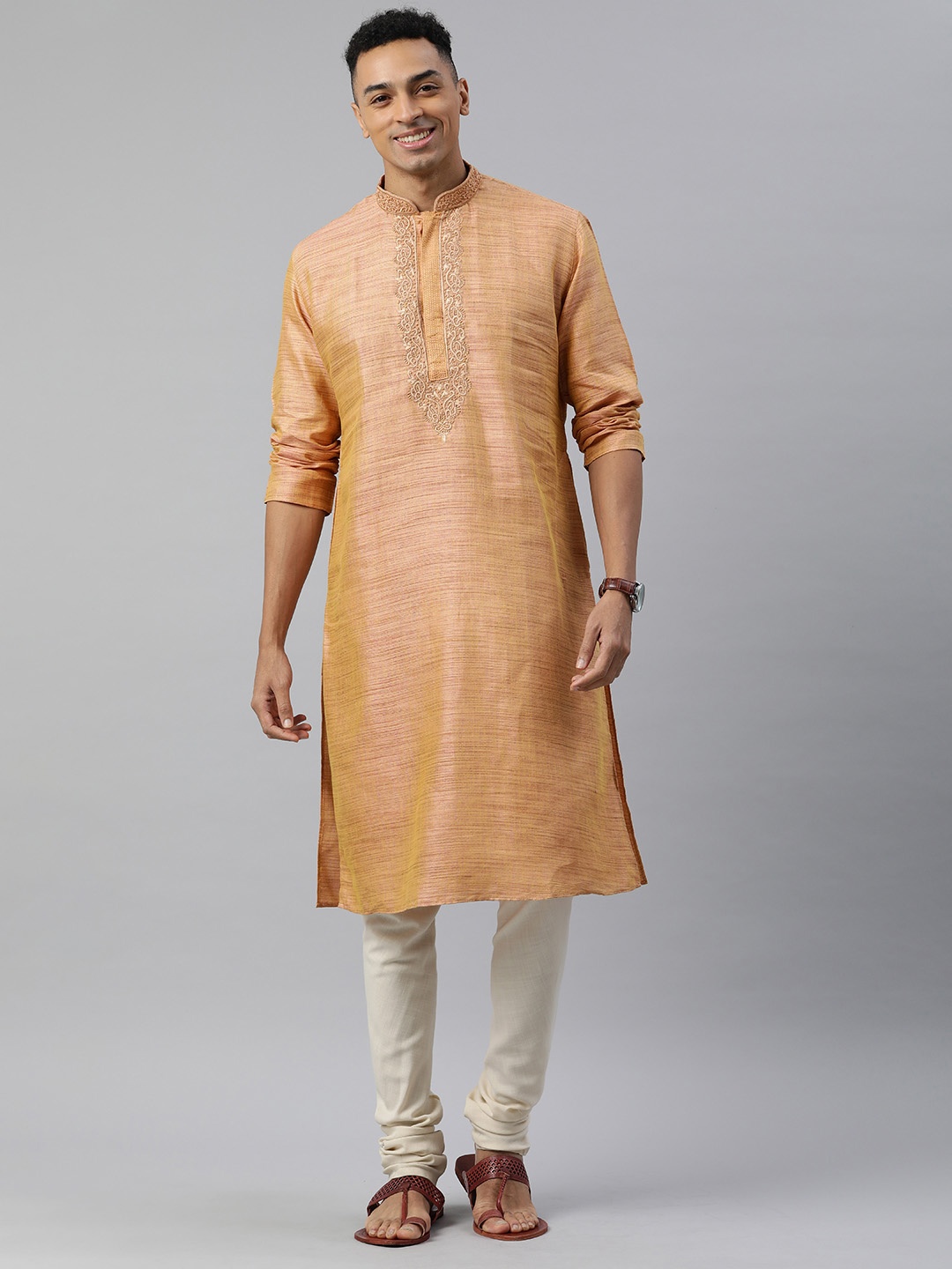 

Manthan Men Woven Design Thread Work Kurta, Peach