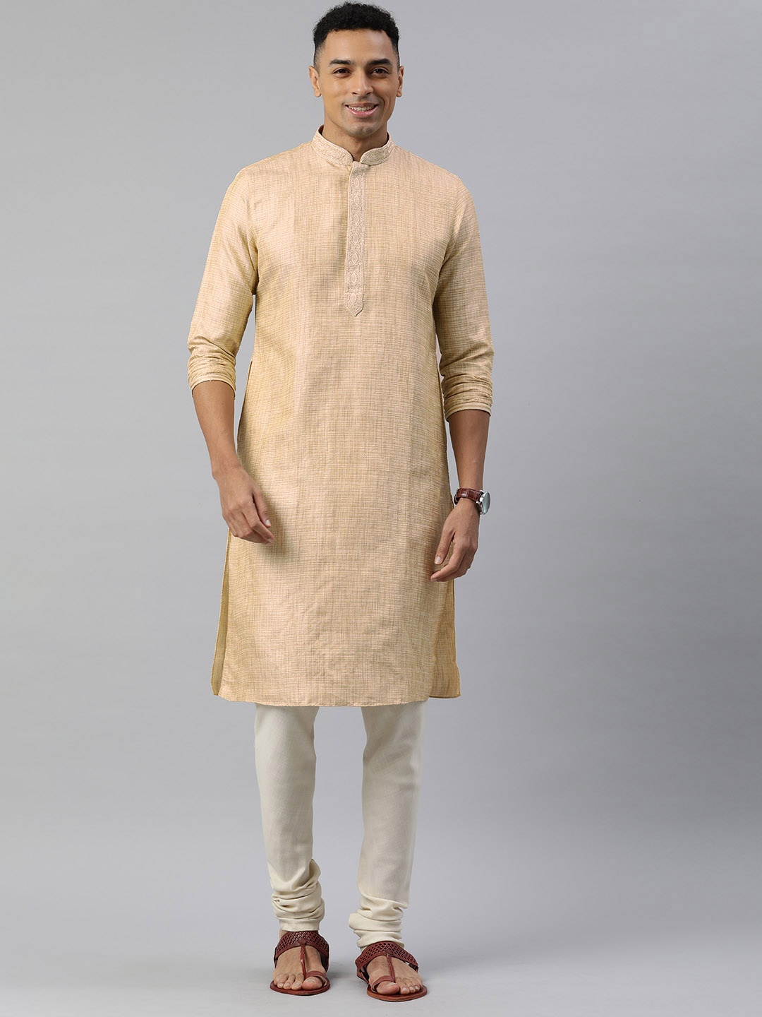 

Manthan Men Woven Design Thread Work Kurta, Beige