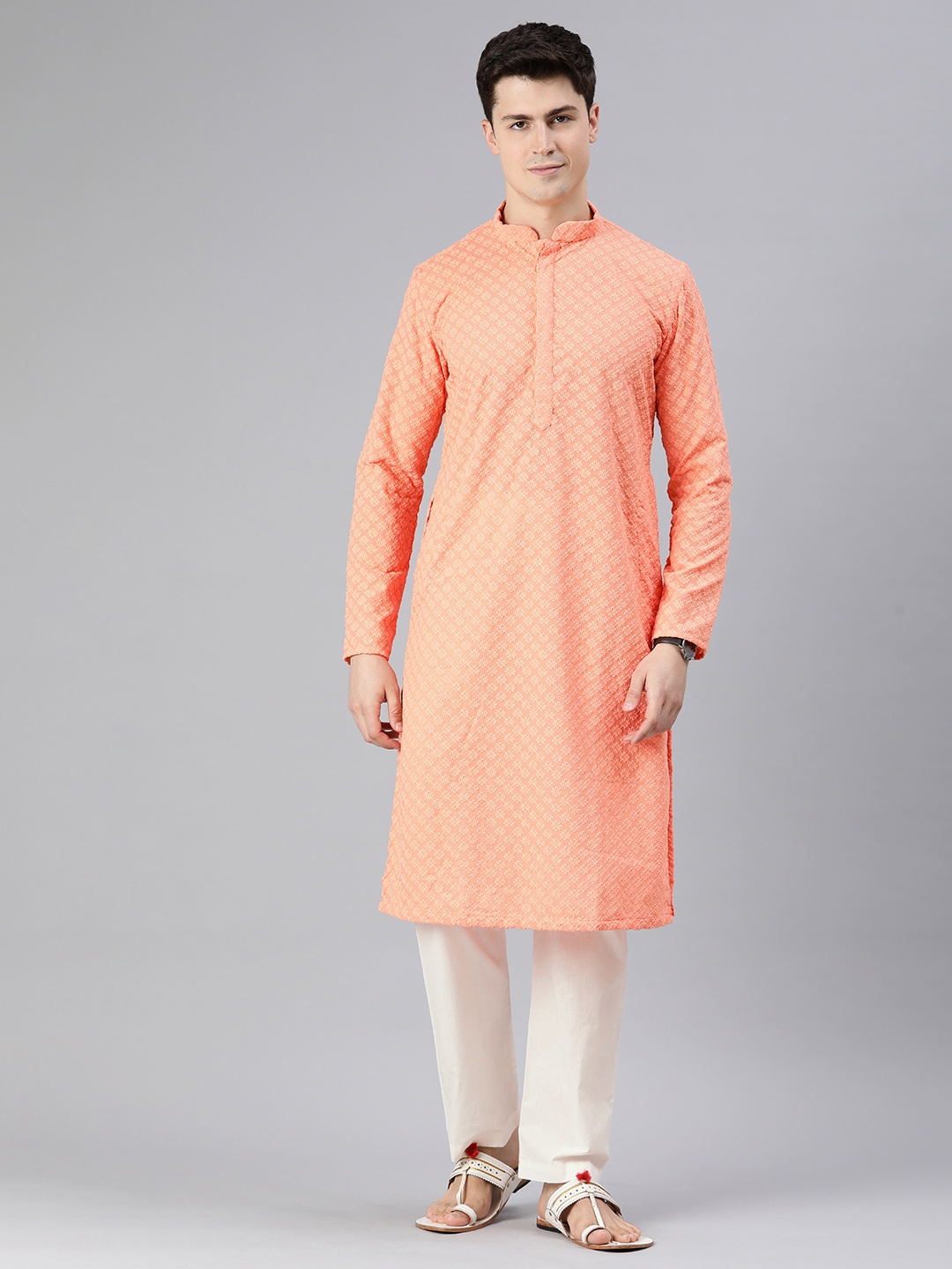 

Manthan Men Floral Embroidered Thread Work Kurta with Pyjamas, Peach