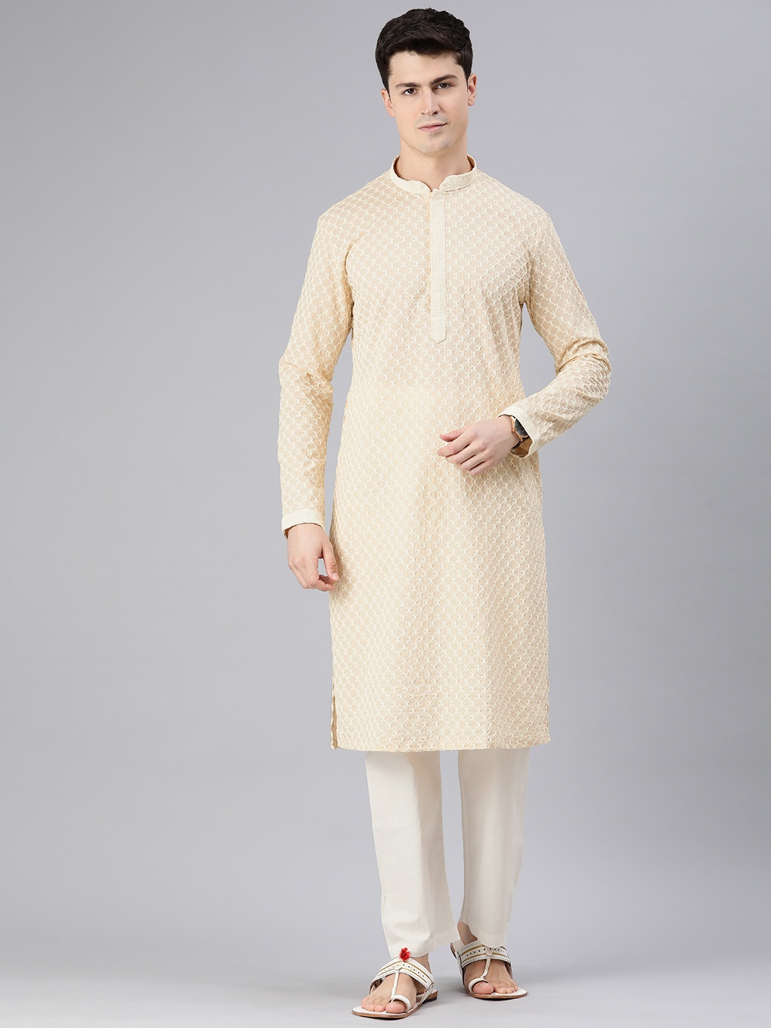 

Manthan Men Embroidered Thread Work Pure Cotton Kurta with Pyjamas, Beige