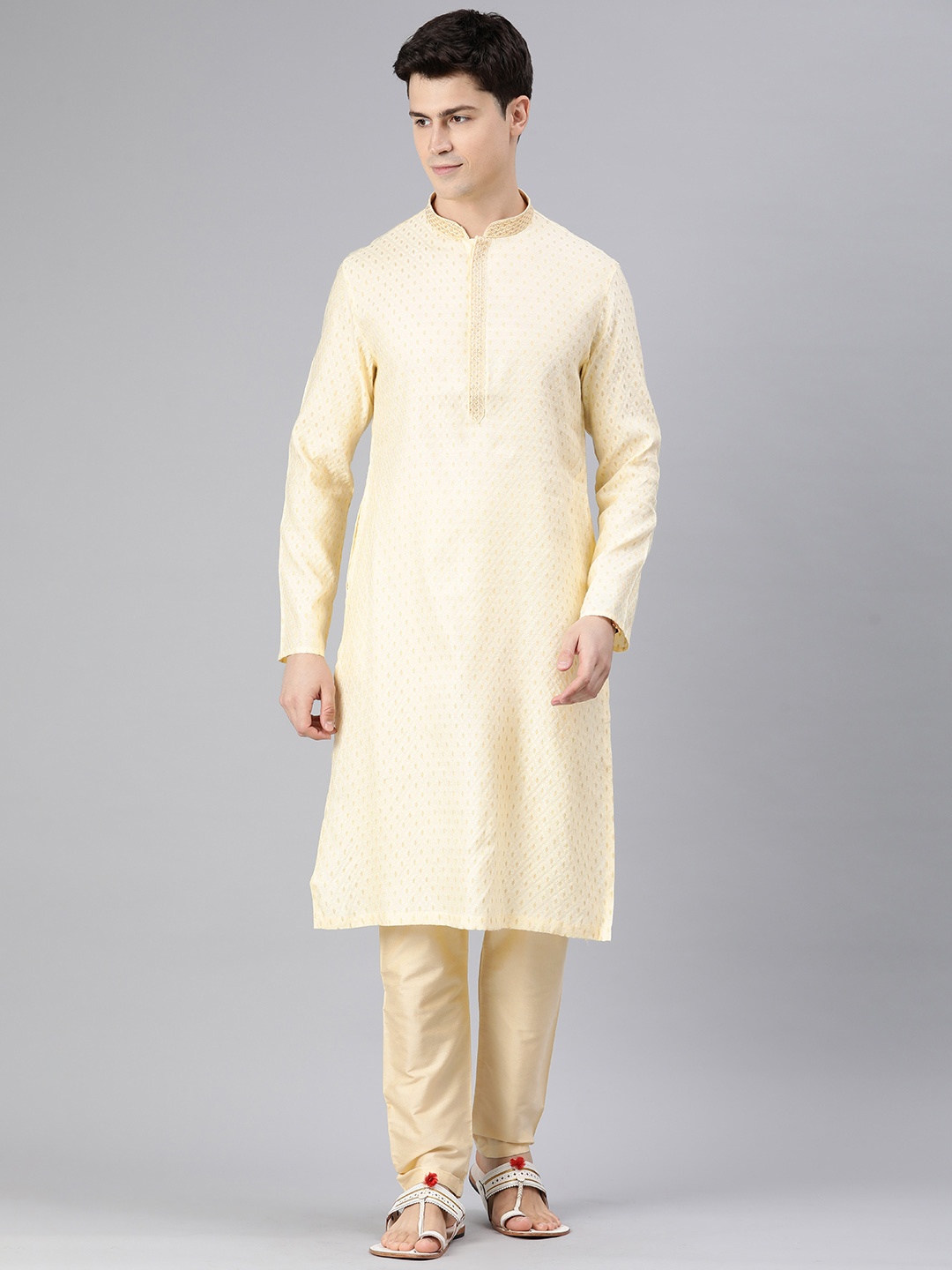 

Manthan Men Self Design Thread Work Kurta with Pyjamas, Cream