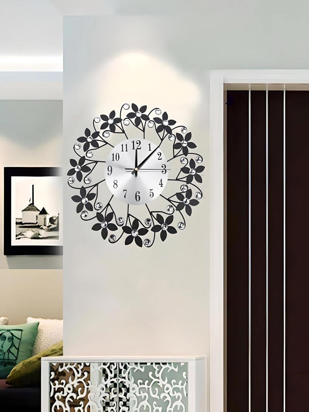 

The Art House Black & Silver Toned Embellished Round Shaped Metal Wall Clock, Blue