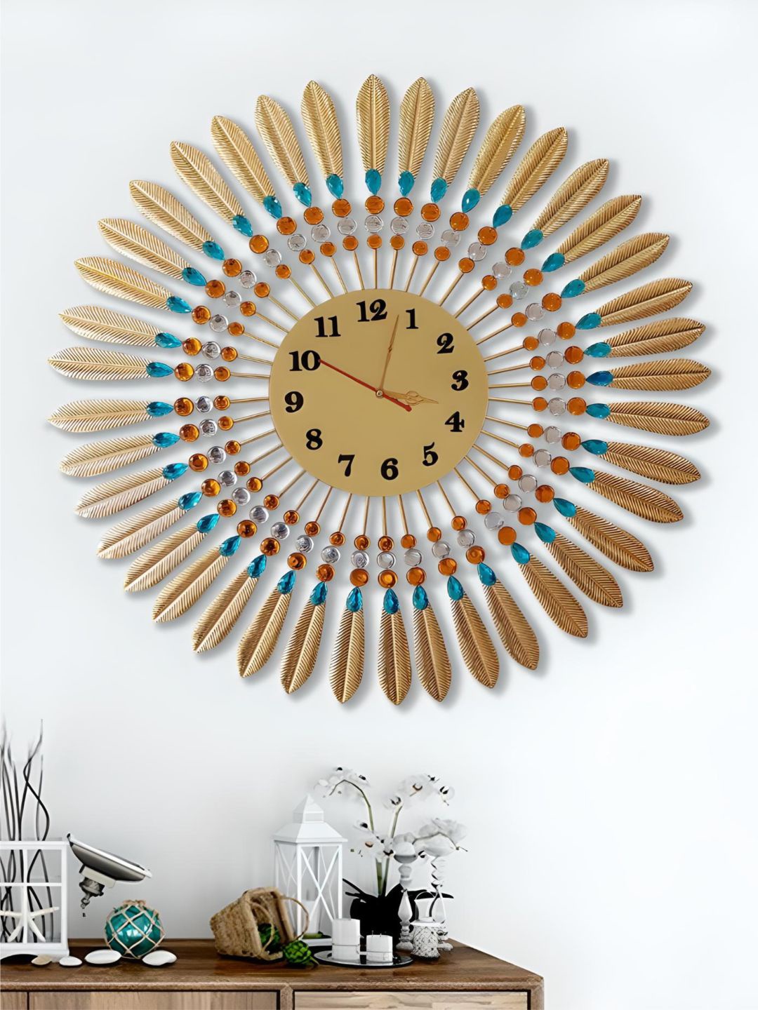 

The Art House Orange & Blue Round Shaped Metal Wall Clock, Gold