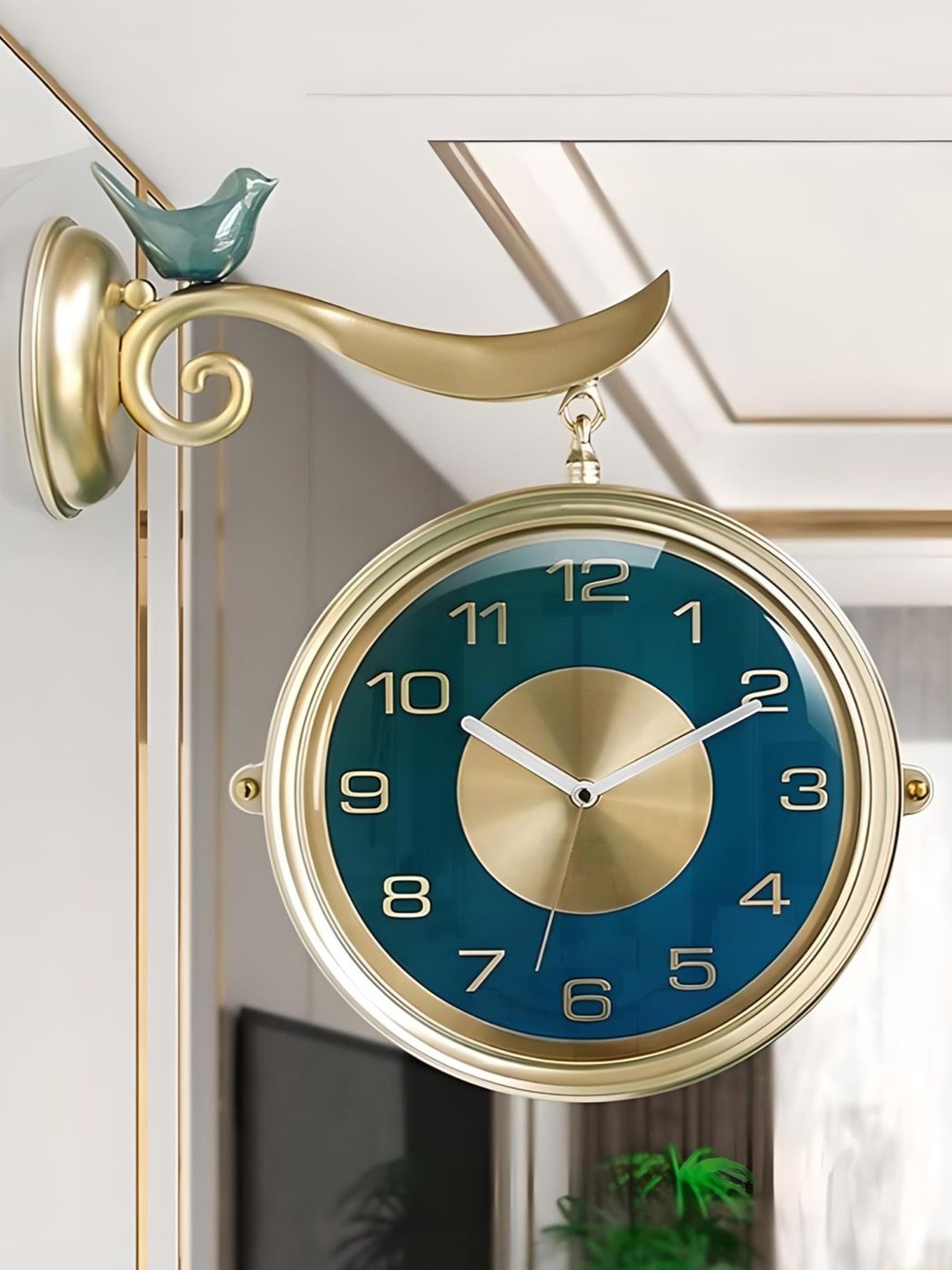 

The Art House Gold-Toned & Blue Round Shaped Metal Wall Clock