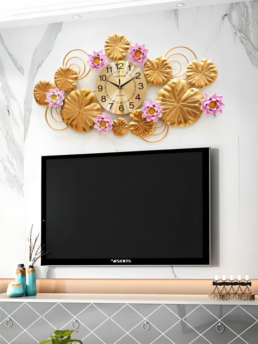 

The Art House Gold-Toned & Pink Floral Shaped Metal Wall Clock