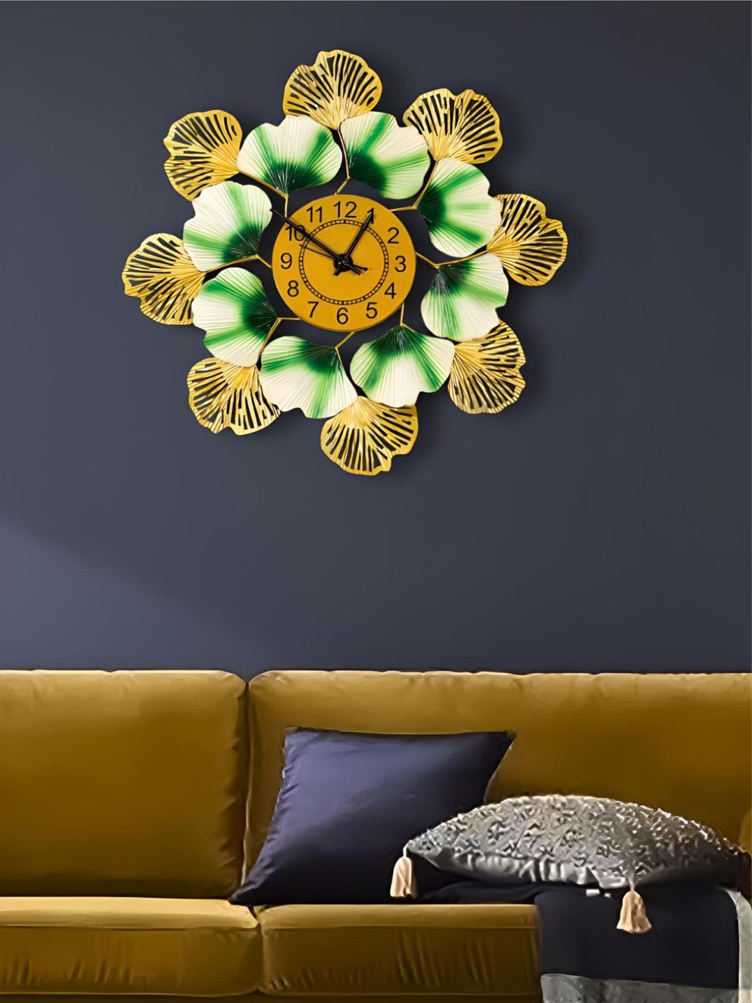 

The Art House Gold-Toned & Green Floral Shaped Metal Wall Clock