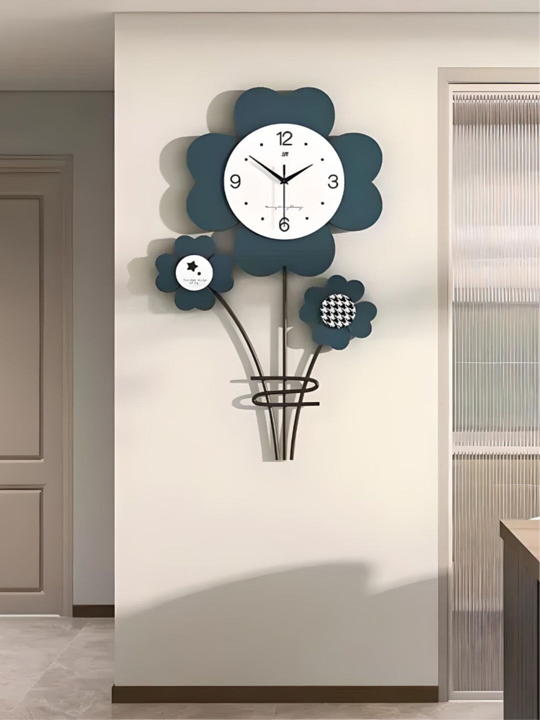 

The Art House Blue Floral Shaped Wall Clock, Black