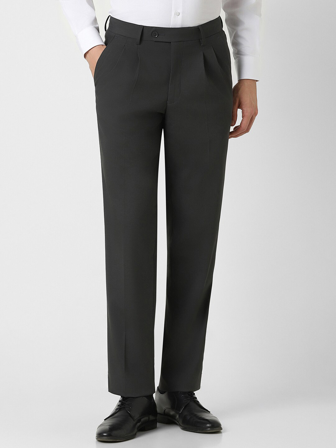 

Van Heusen Men Mid Rise Pleated Cotton Formal Trousers, Black