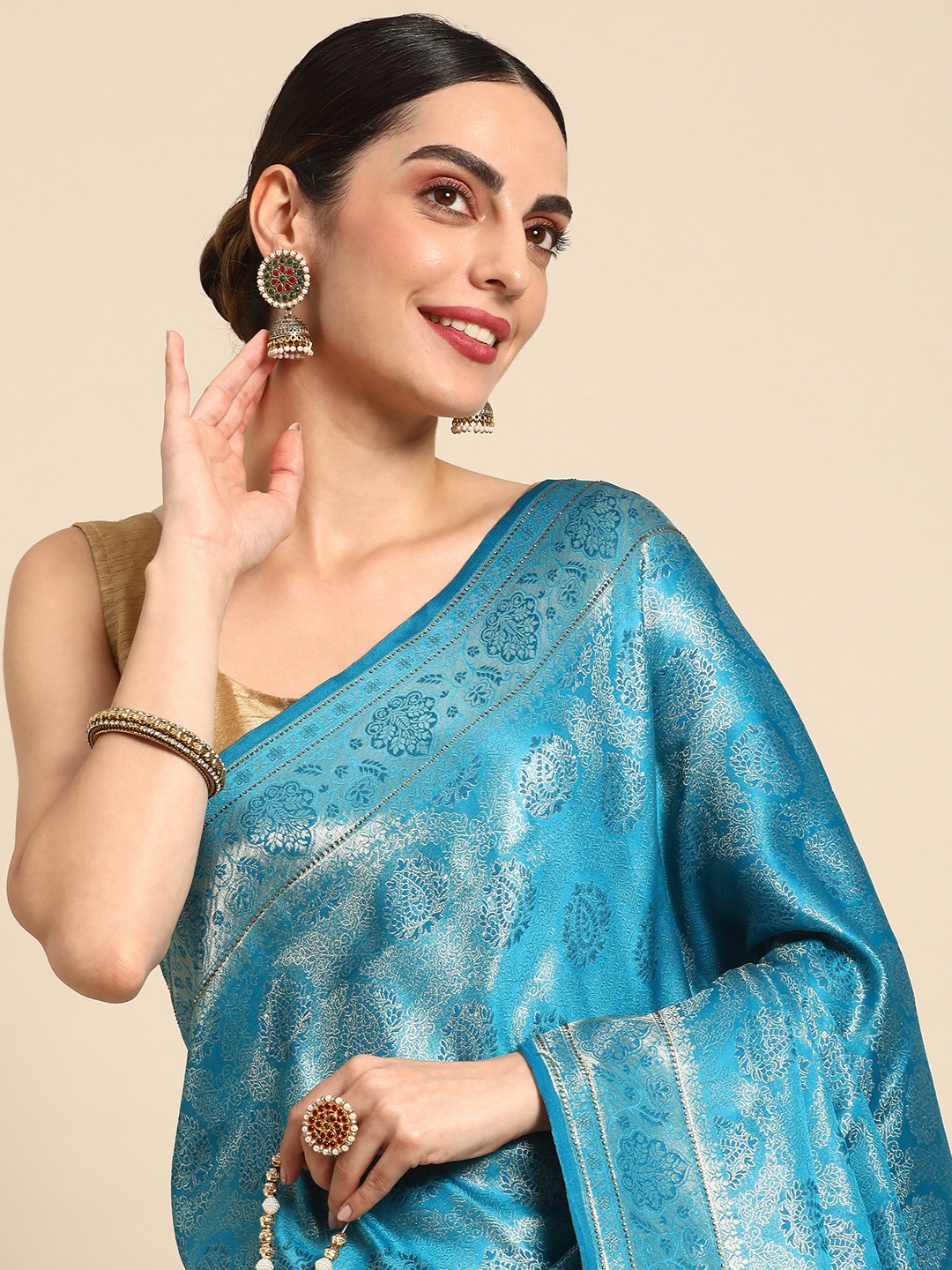 

MOHEY Ethnic Motifs Zari Art Silk Saree, Turquoise blue