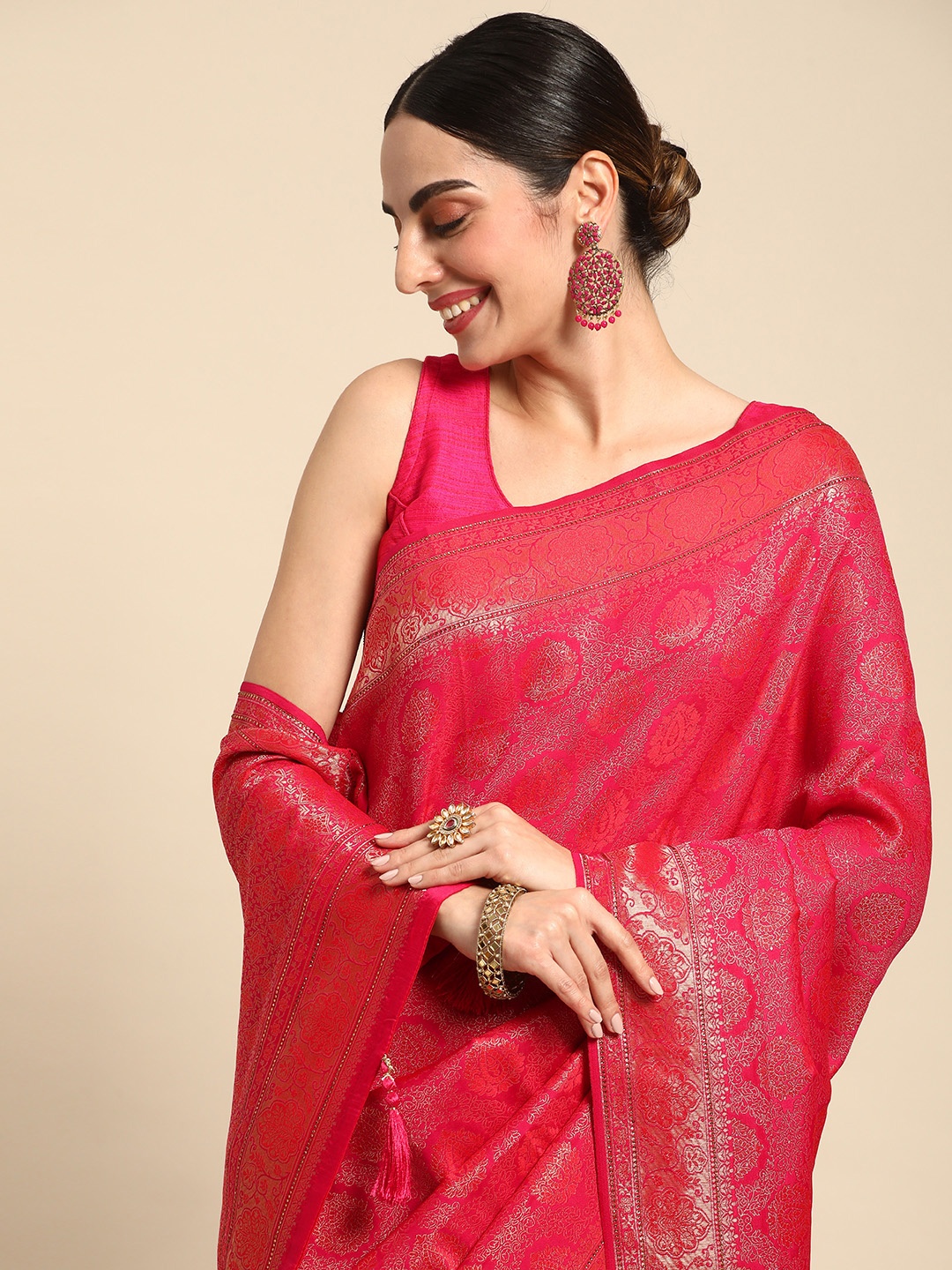 

MOHEY Woven Design Zari Art Silk Saree, Pink