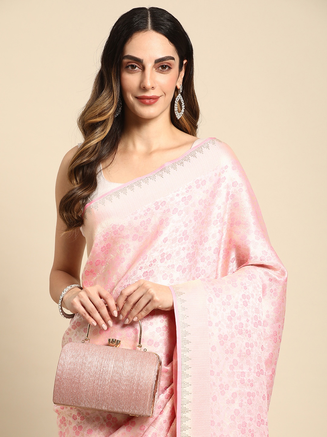 

MOHEY Floral Zari Art Silk Saree, Pink