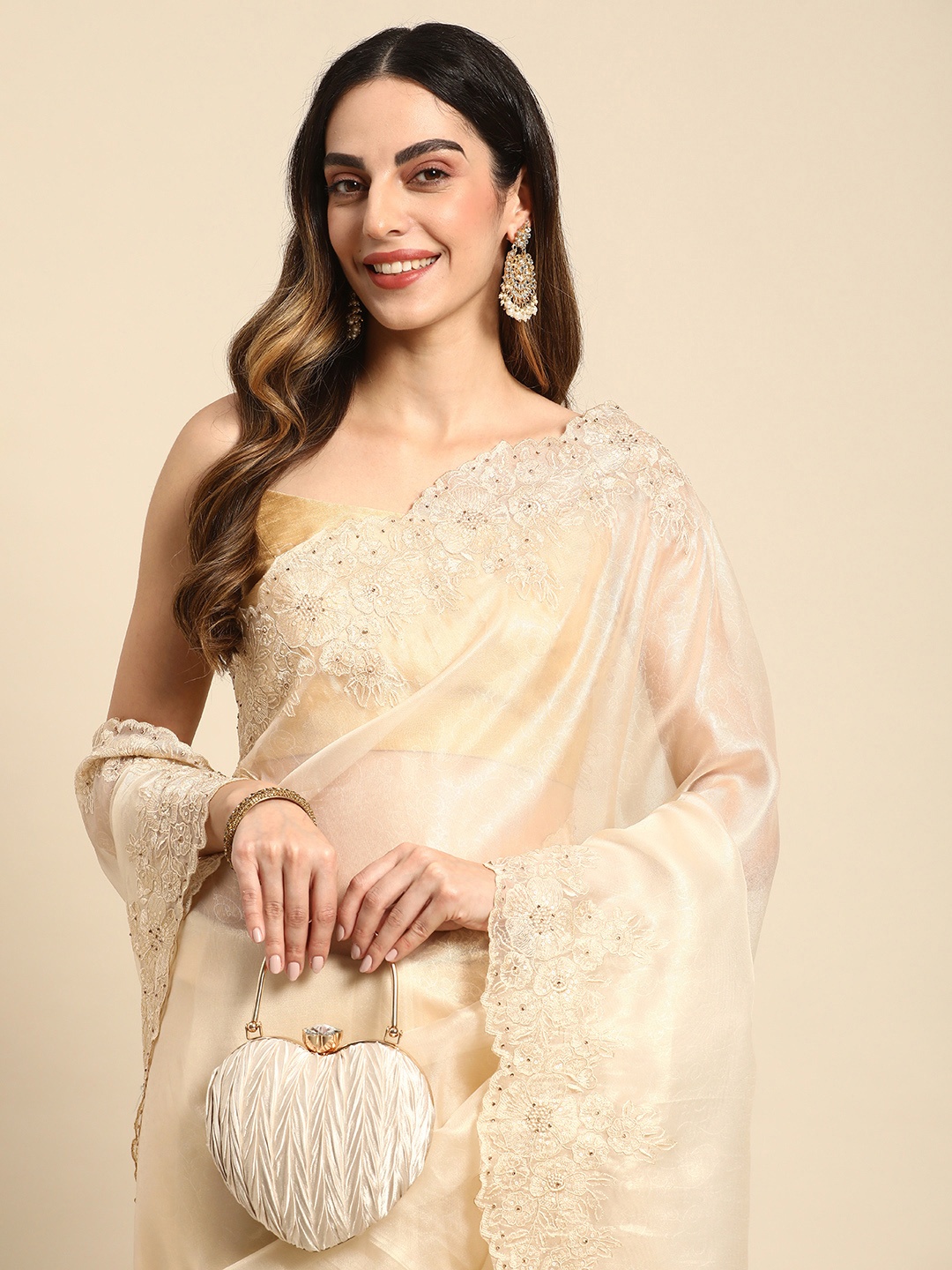 

MOHEY Sequinned Organza Saree, Beige