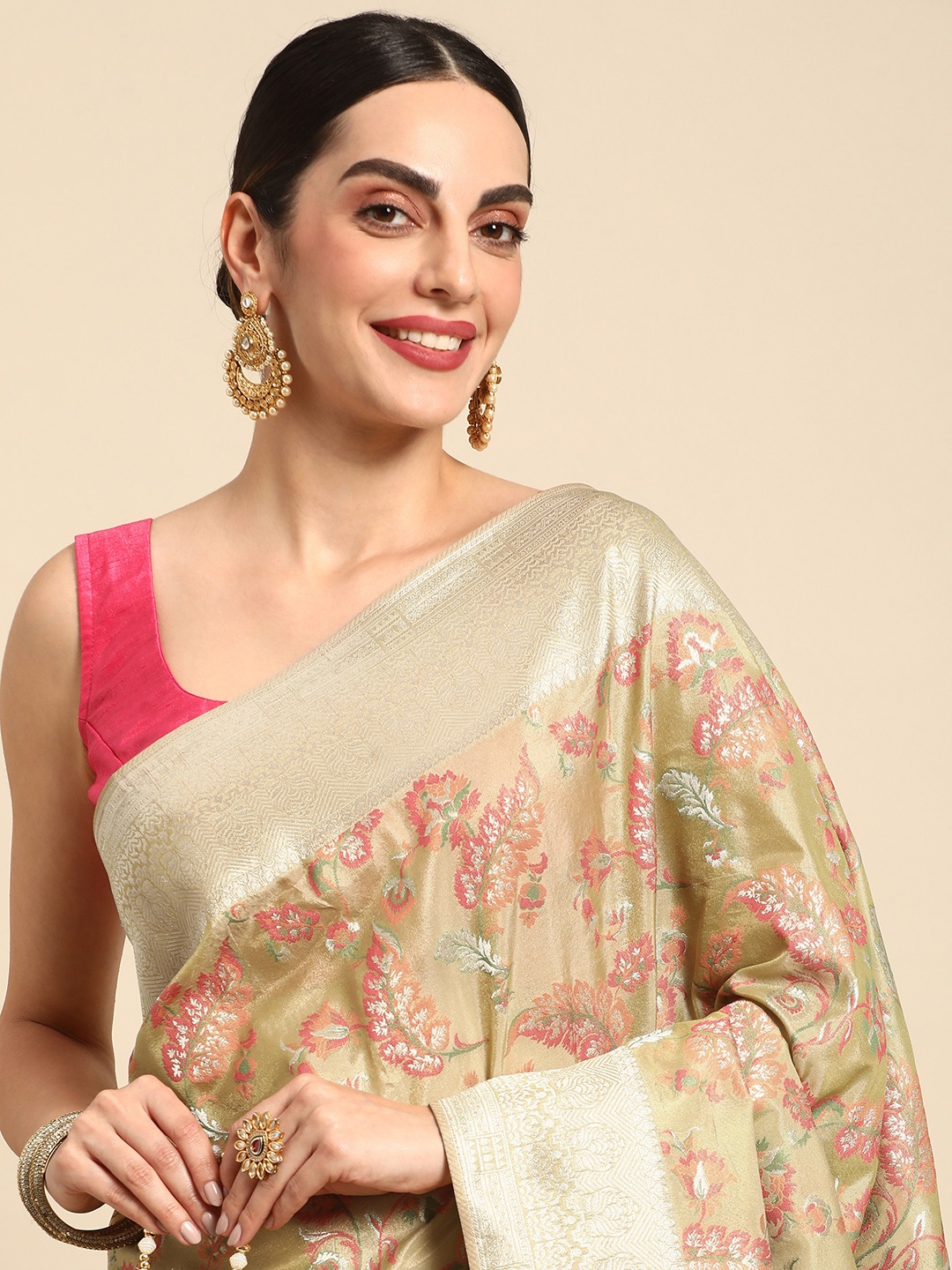 

MOHEY Floral Zari Art Silk Saree, Olive