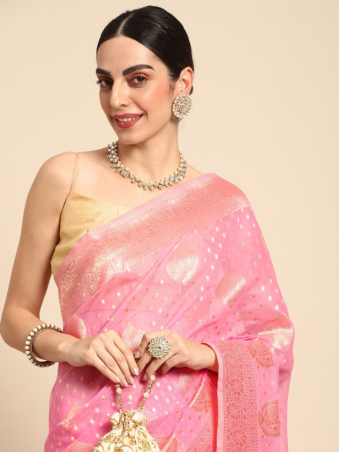 

MOHEY Paisley Zari Art Silk Saree, Pink