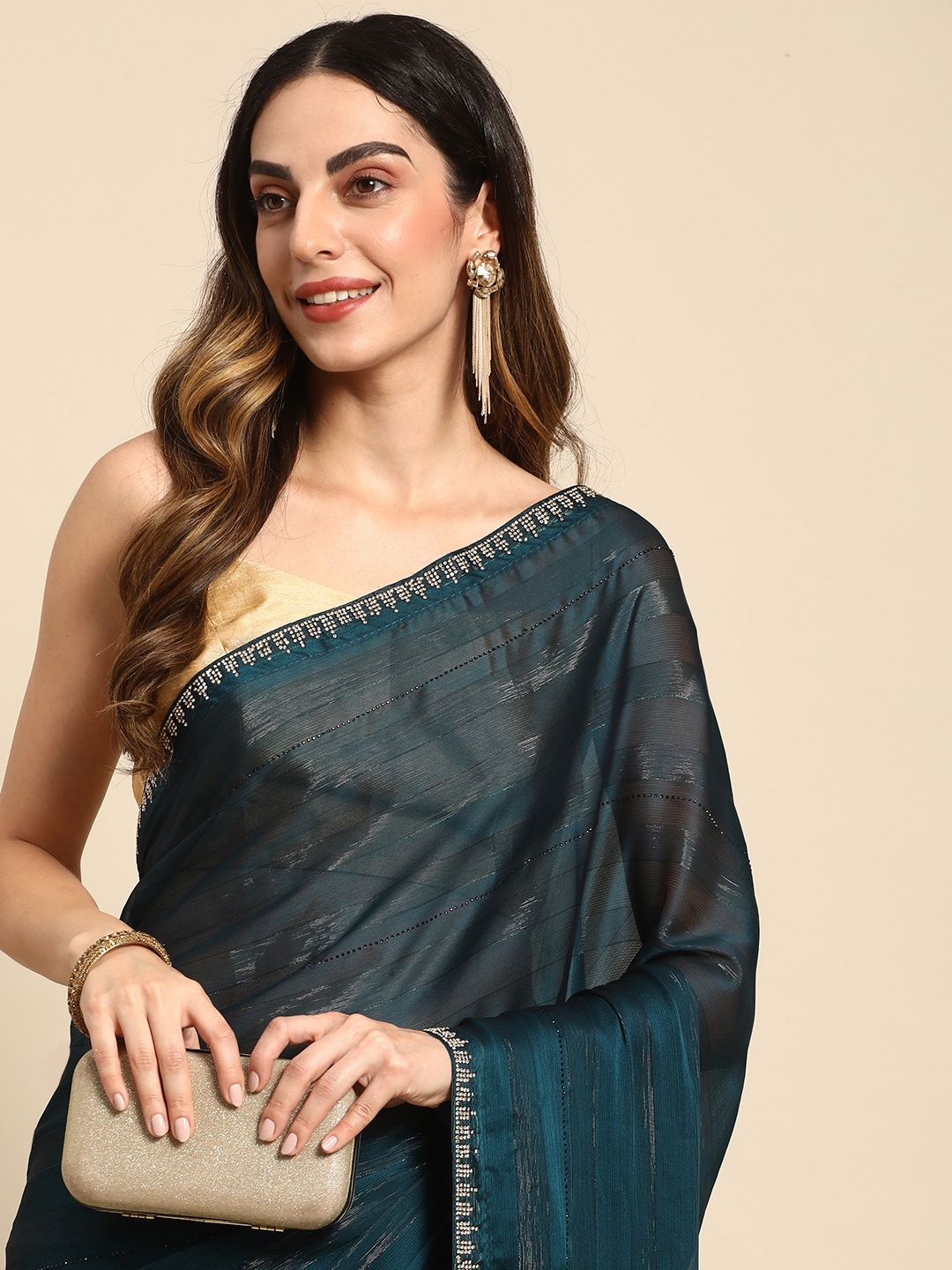 

MOHEY Striped Beads and Stones Organza Saree, Navy blue