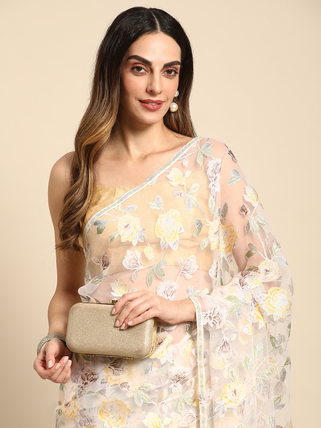 

MOHEY Floral Beads and Stones Organza Saree, White