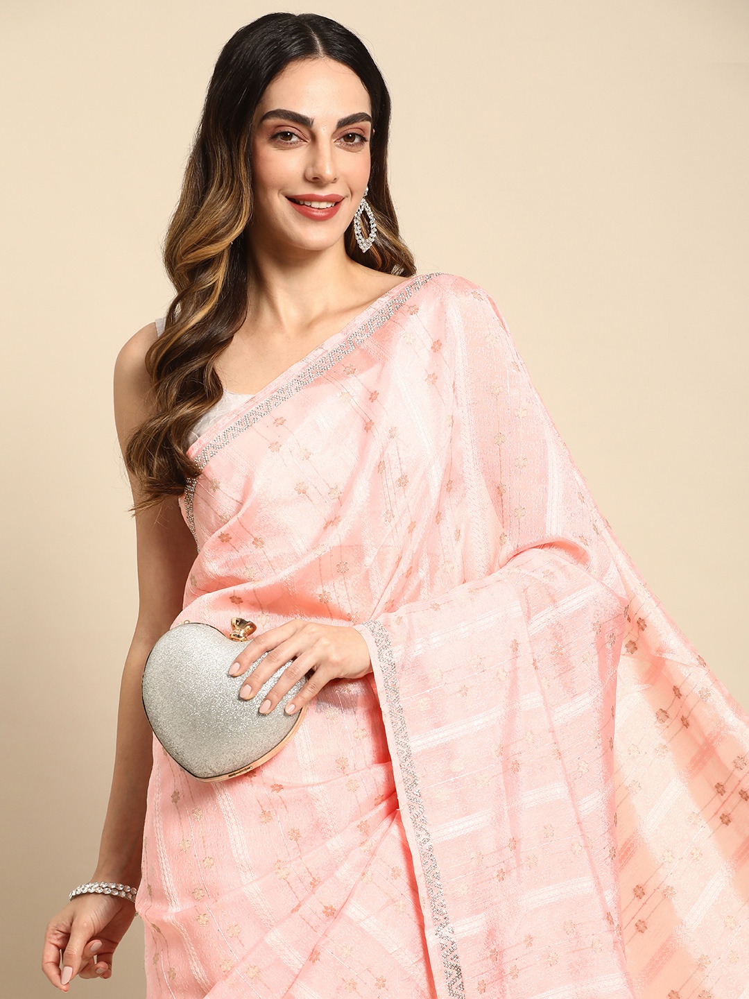 

MOHEY Floral Beads and Stones Organza Saree, Pink