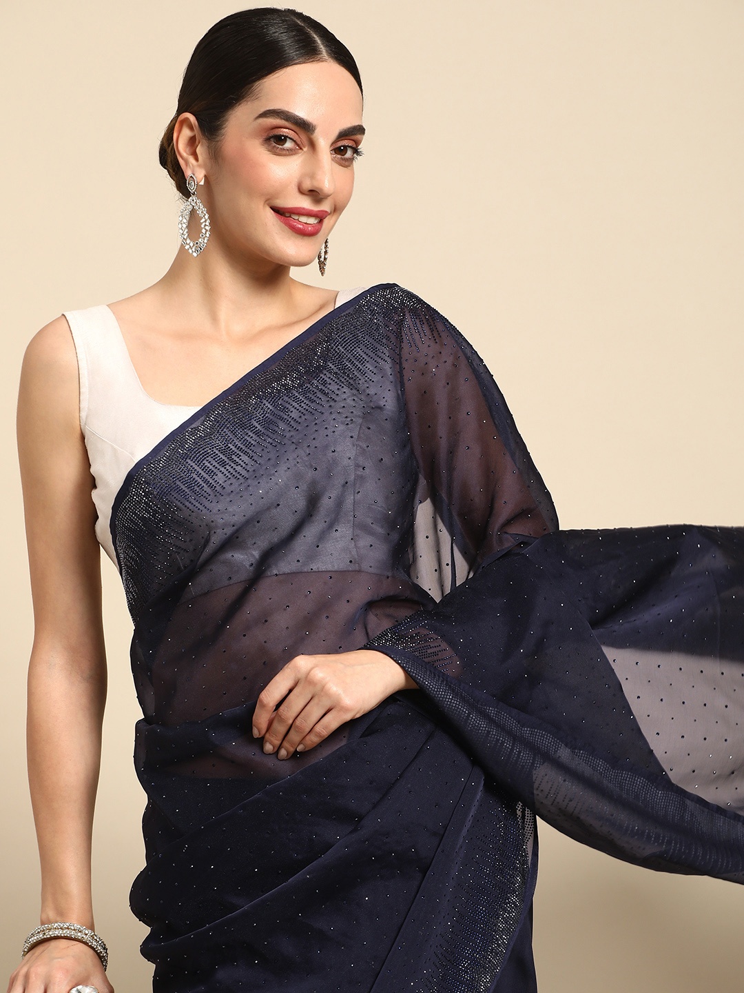 

MOHEY Embellished Beads and Stones Organza Saree, Navy blue