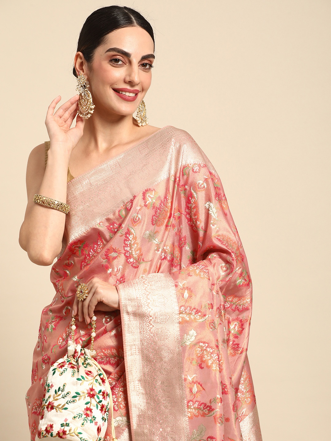 

MOHEY Floral Zari Art Silk Saree, Pink