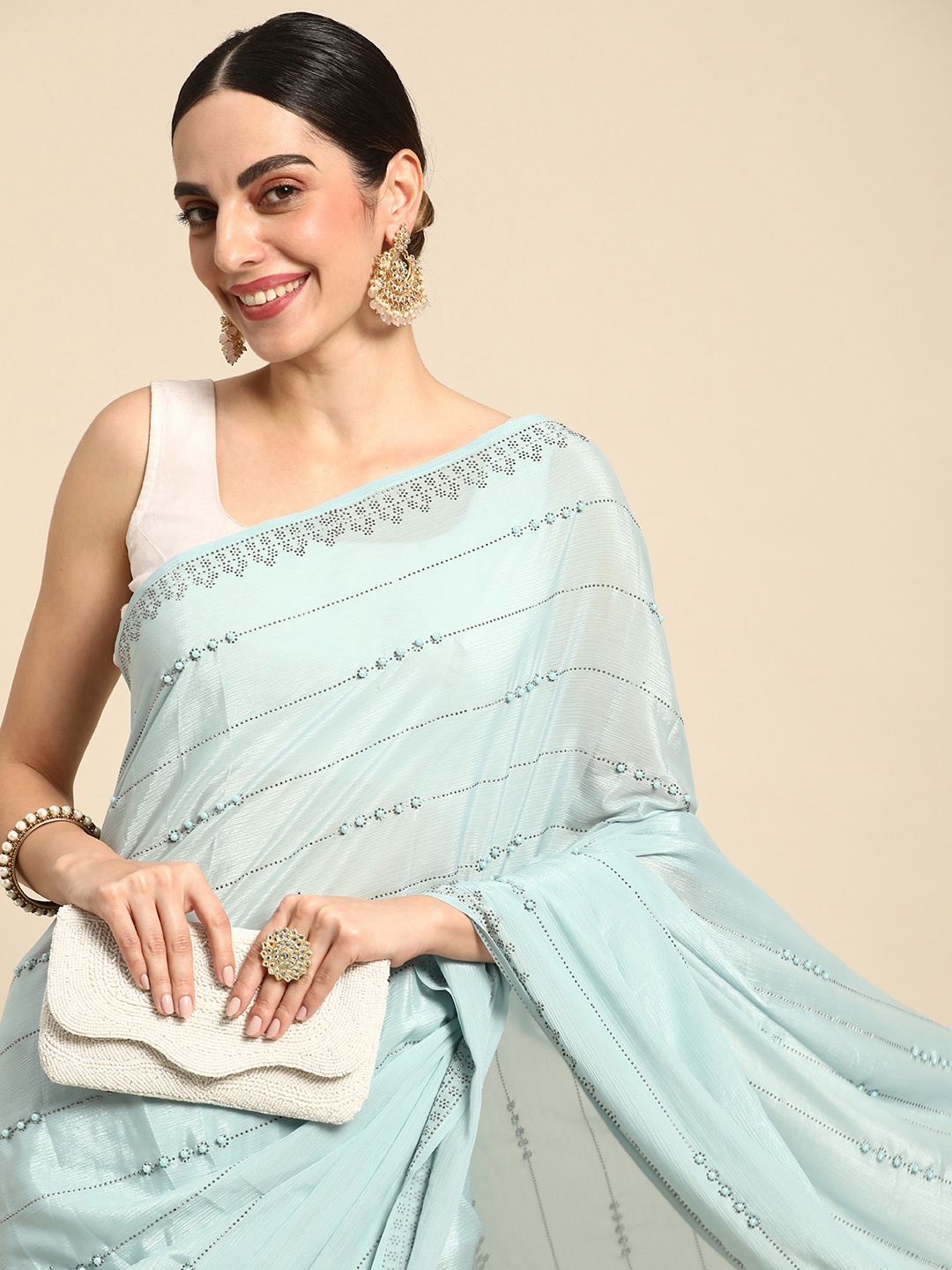 

MOHEY Striped Beads and Stones Pure Chiffon Saree, Turquoise blue