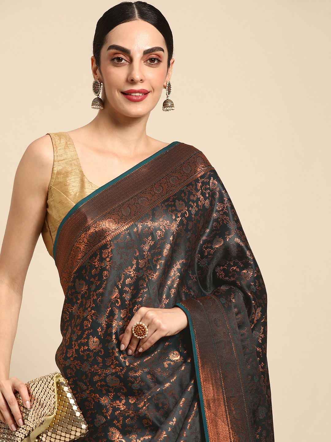 

MOHEY Floral Zari Satin Saree, Teal