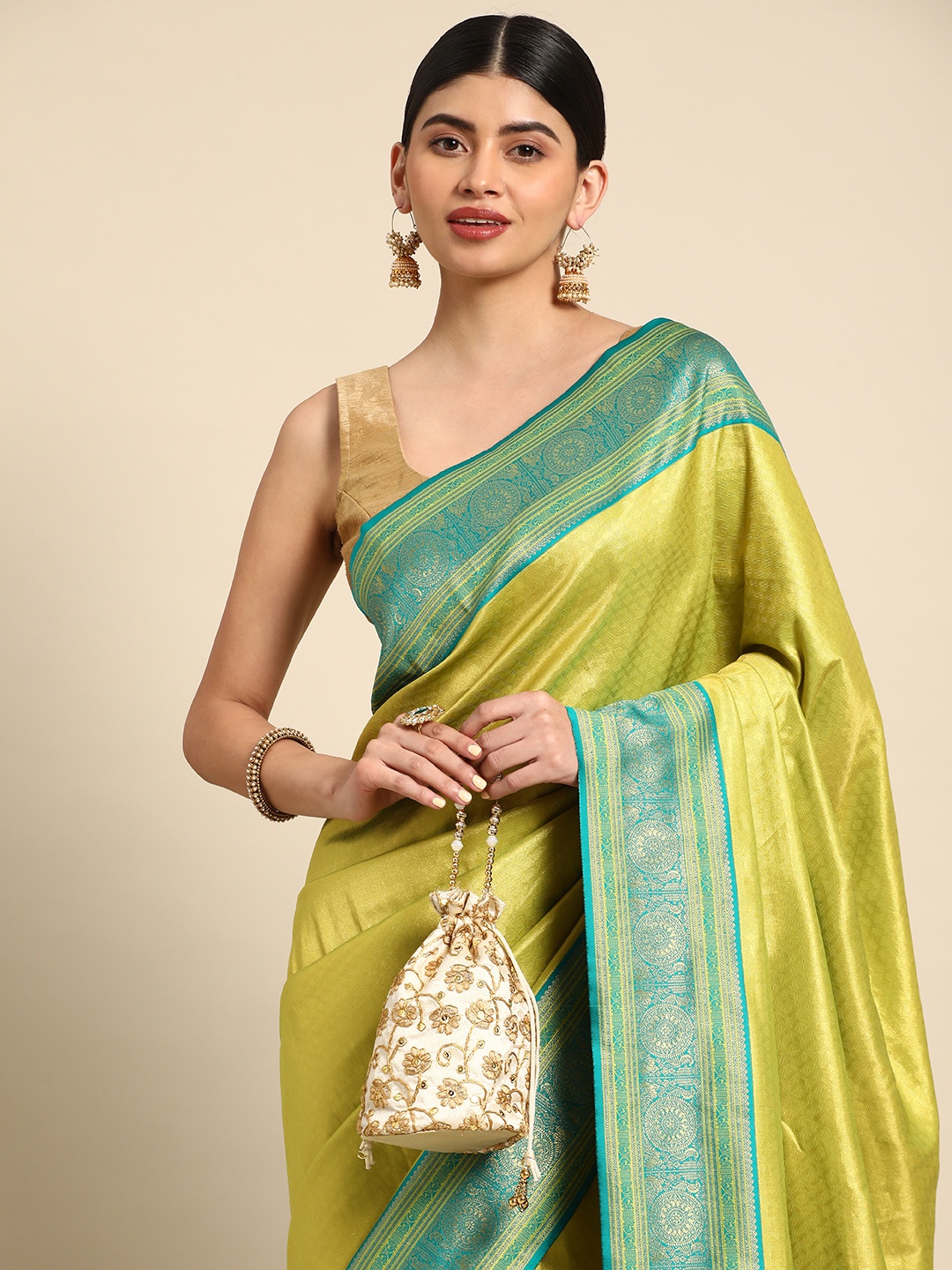 

MOHEY Woven Design Zari Art Silk Saree, Lime green