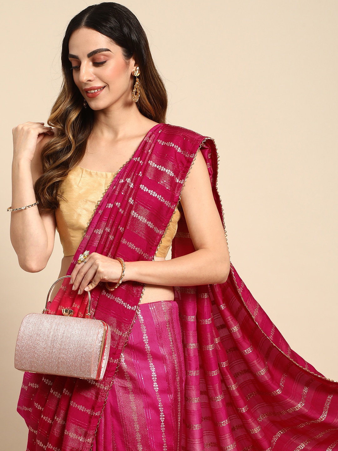 

MOHEY Striped Zari Art Silk Saree, Pink