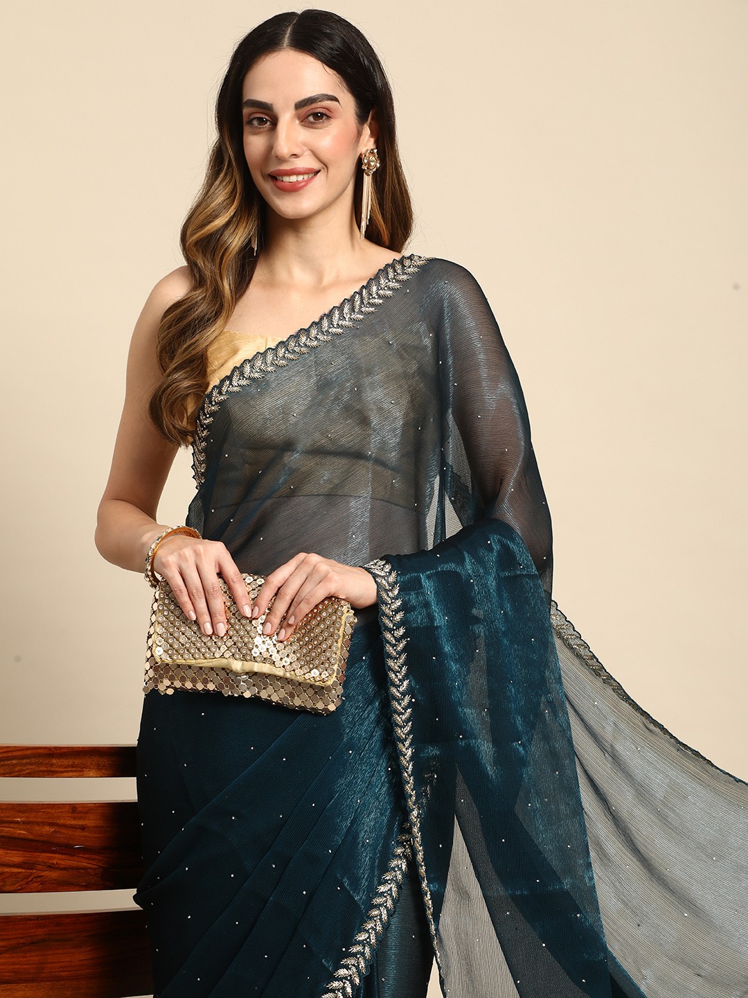

MOHEY Woven Design Organza Saree, Teal