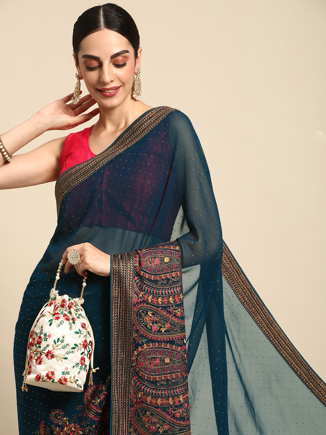 

MOHEY Paisley Embroidered Poly Georgette Saree, Navy blue