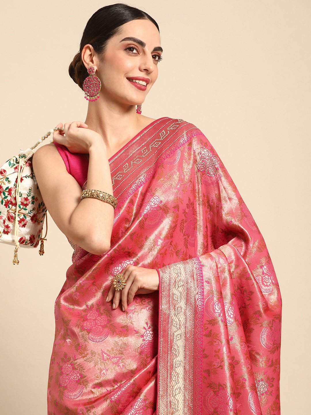 

MOHEY Ethnic Motifs Zari Art Silk Saree, Coral