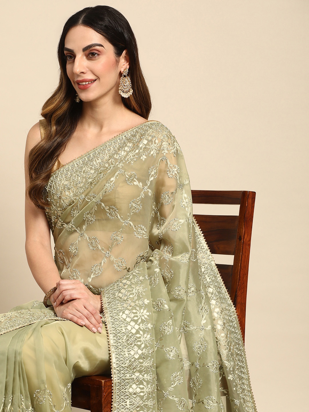 

MOHEY Ethnic Motifs Embroidered Organza Saree, Green