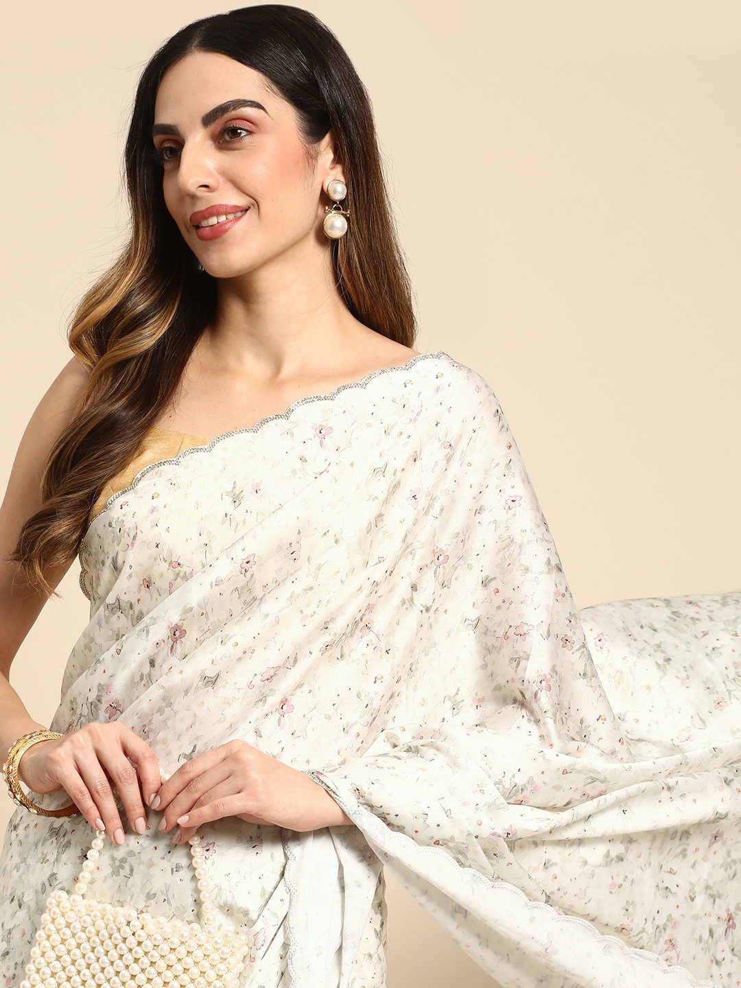 

MOHEY Floral Satin Saree, Cream