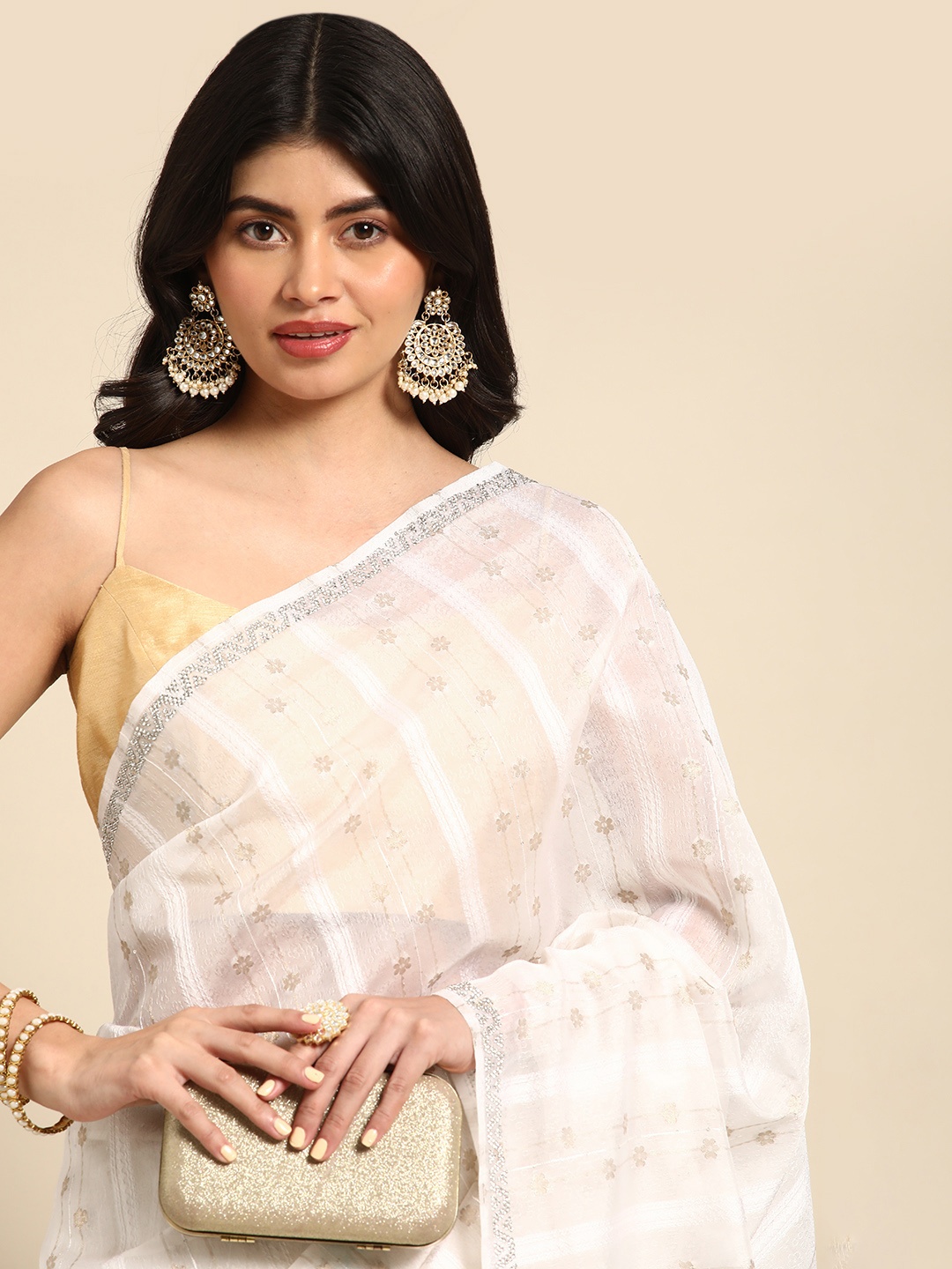 

MOHEY Floral Beads and Stones Organza Saree, Cream