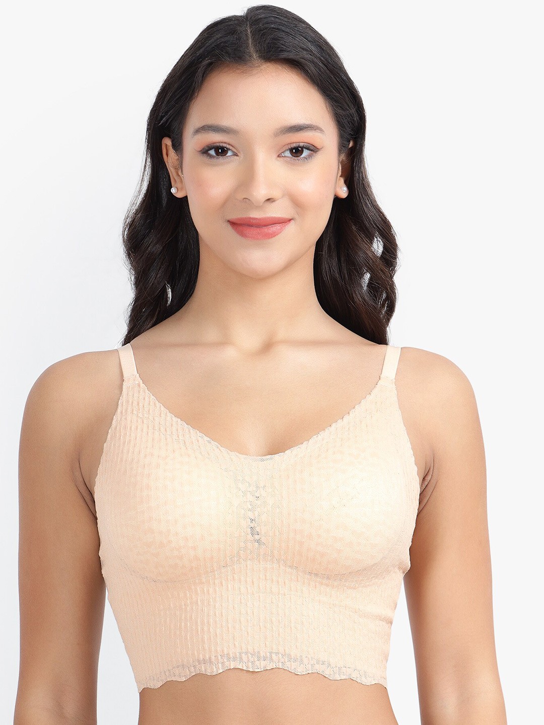 

PARKHA Self Design Full Coverage Removable Padding 360 Degree Support Bralette Bra, Beige