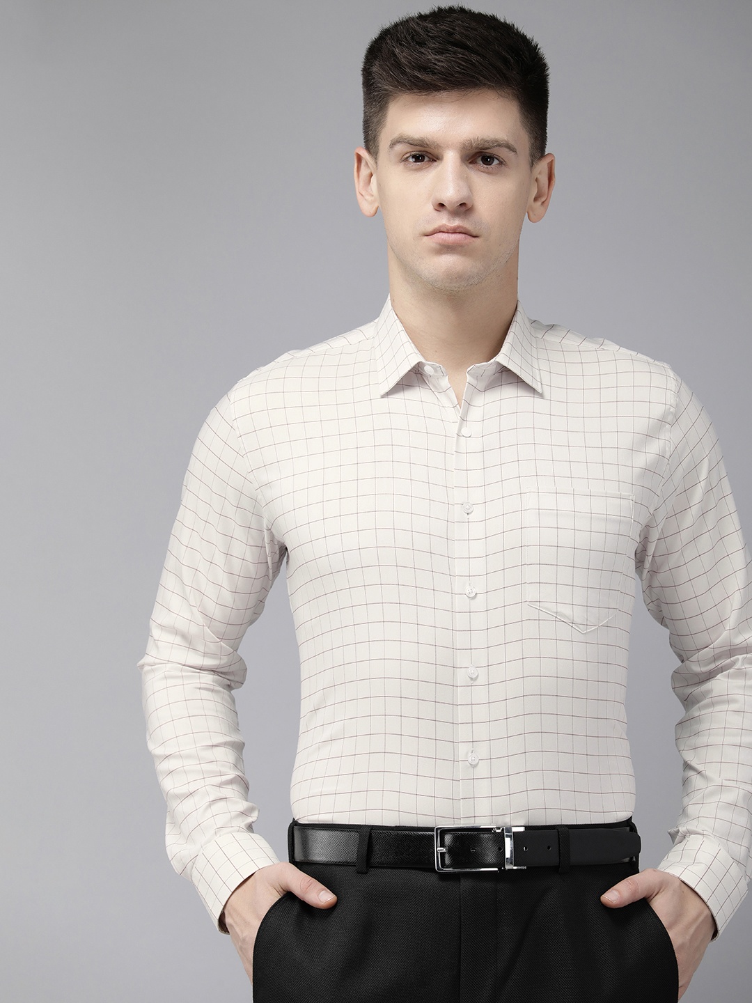 

Van Heusen Slim Fit Grid Tattersall Checks Opaque Formal Shirt, Off white