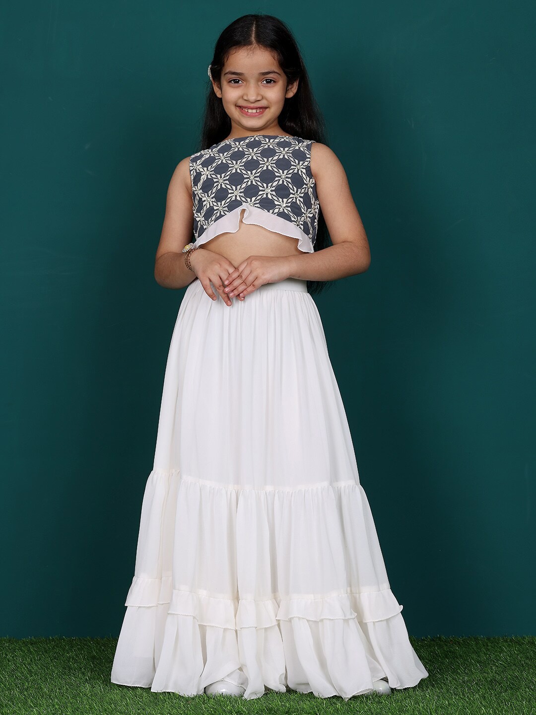 

Ethnovog Girls Embroidered Sequinned Detial Ready to Wear Lehenga &, Grey