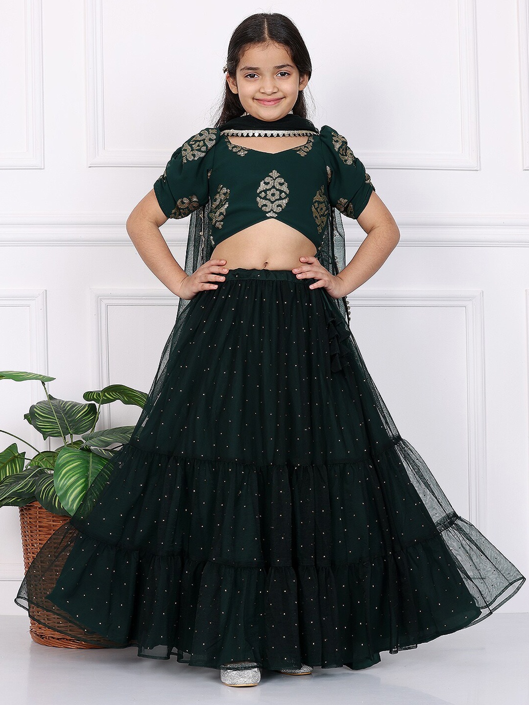 

Ethnovog Girls Embellished Sequinned Detail Ready to Wear Lehenga & Blouse With Dupatta, Green