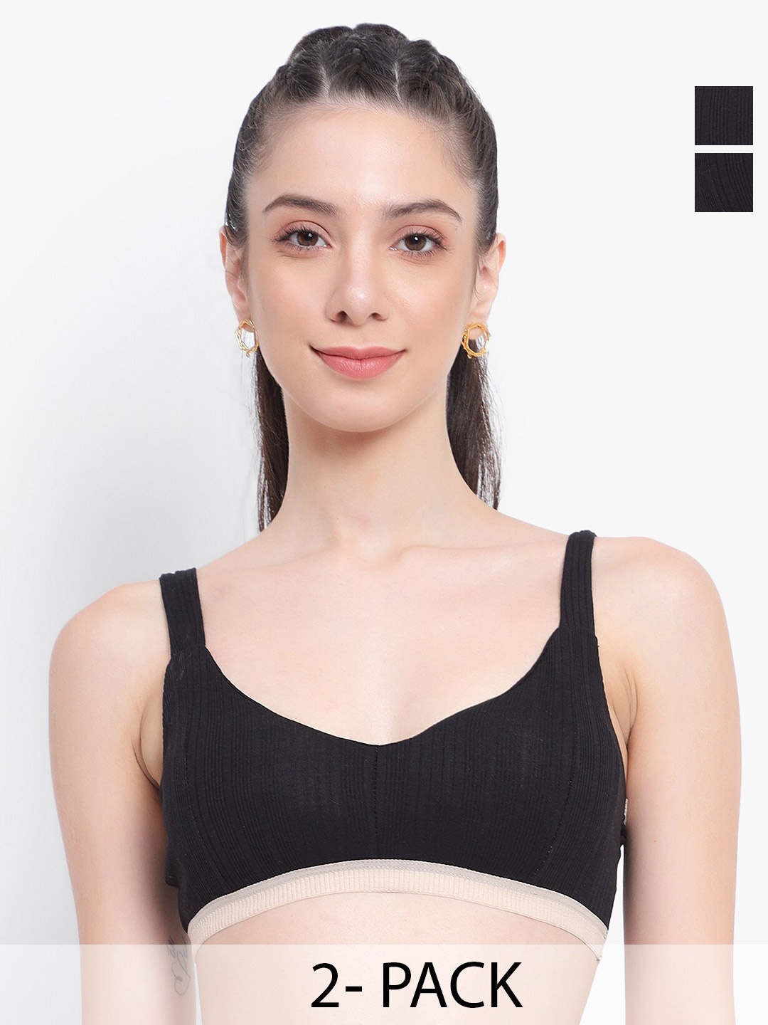 

PARKHA Pack of 2 Removable Padding Full Coverage Bralette Bra with All day Comfort, Black