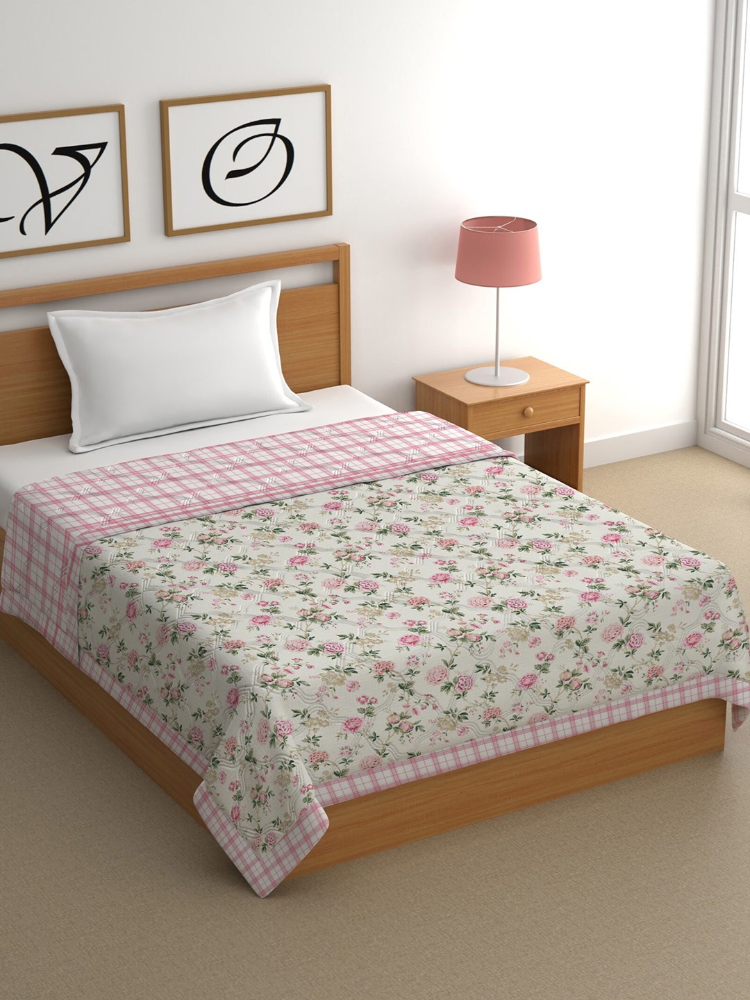

CHHAVI INDIA Pink & Ceam Floral Cotton Mild Winter 350 GSM Single Bed Comforter
