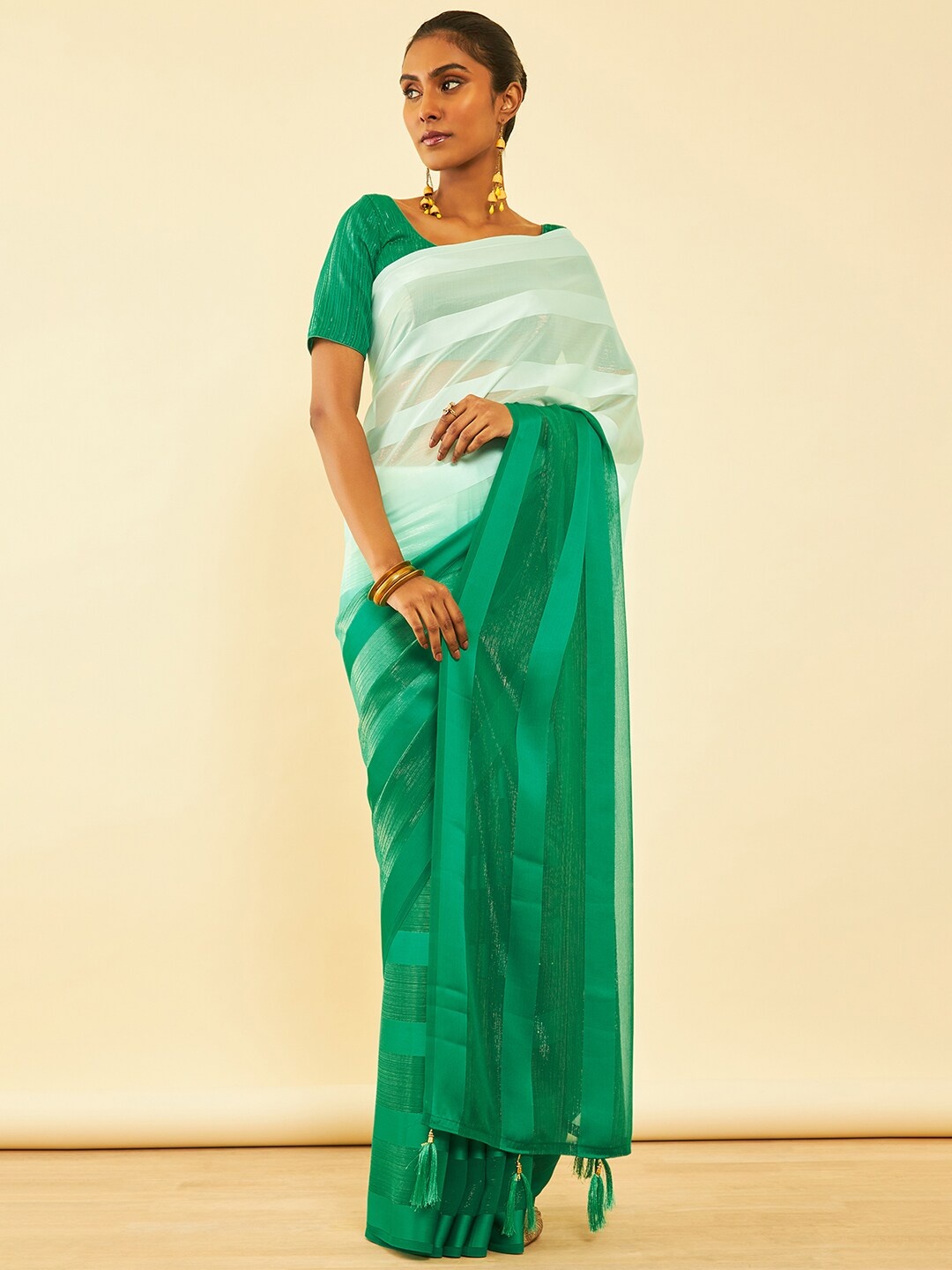 

Soch Striped Pure Chiffon Fusion Saree With Tassels, Green